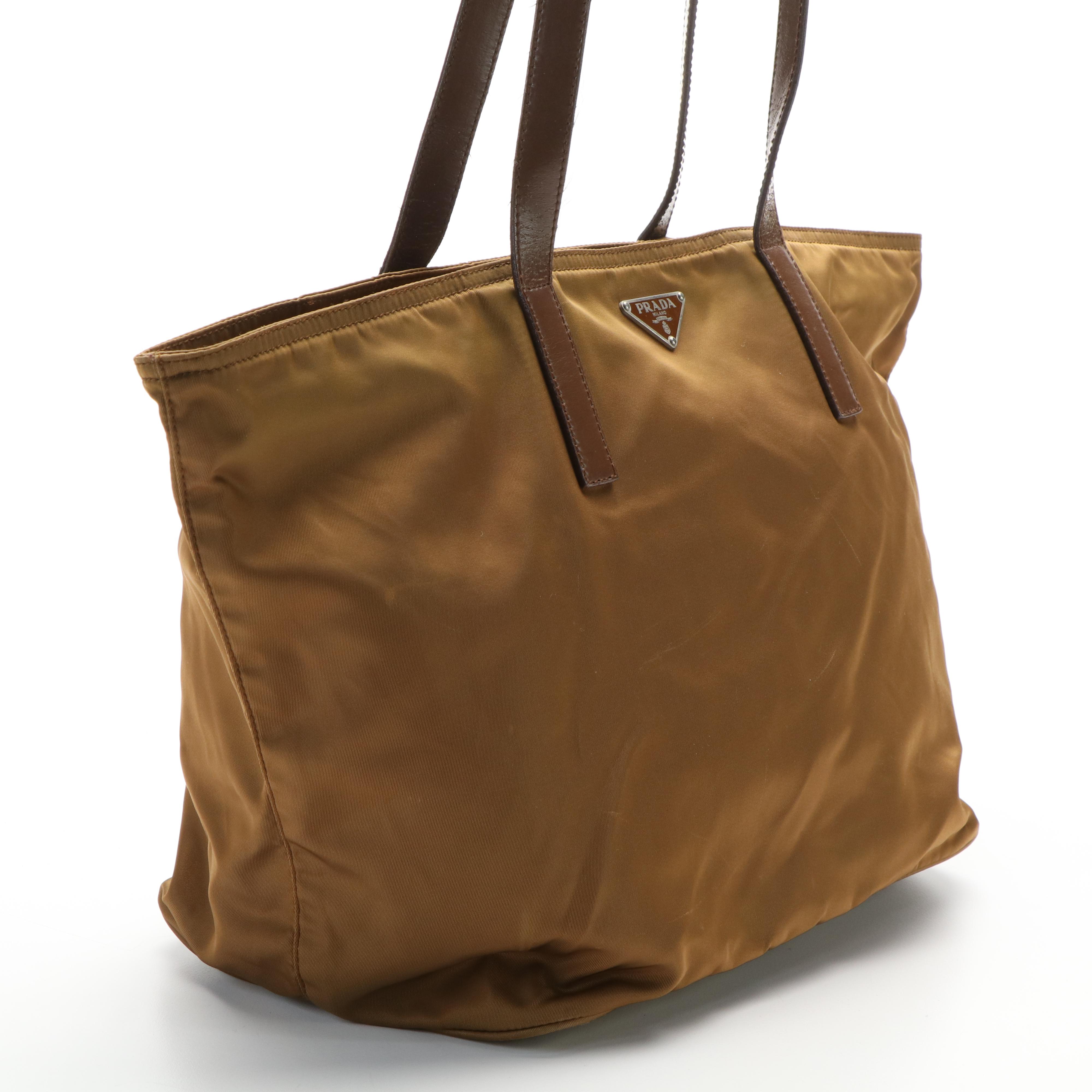 Prada Triangle Logo Tessuto Tote Bag in Brown Nylon