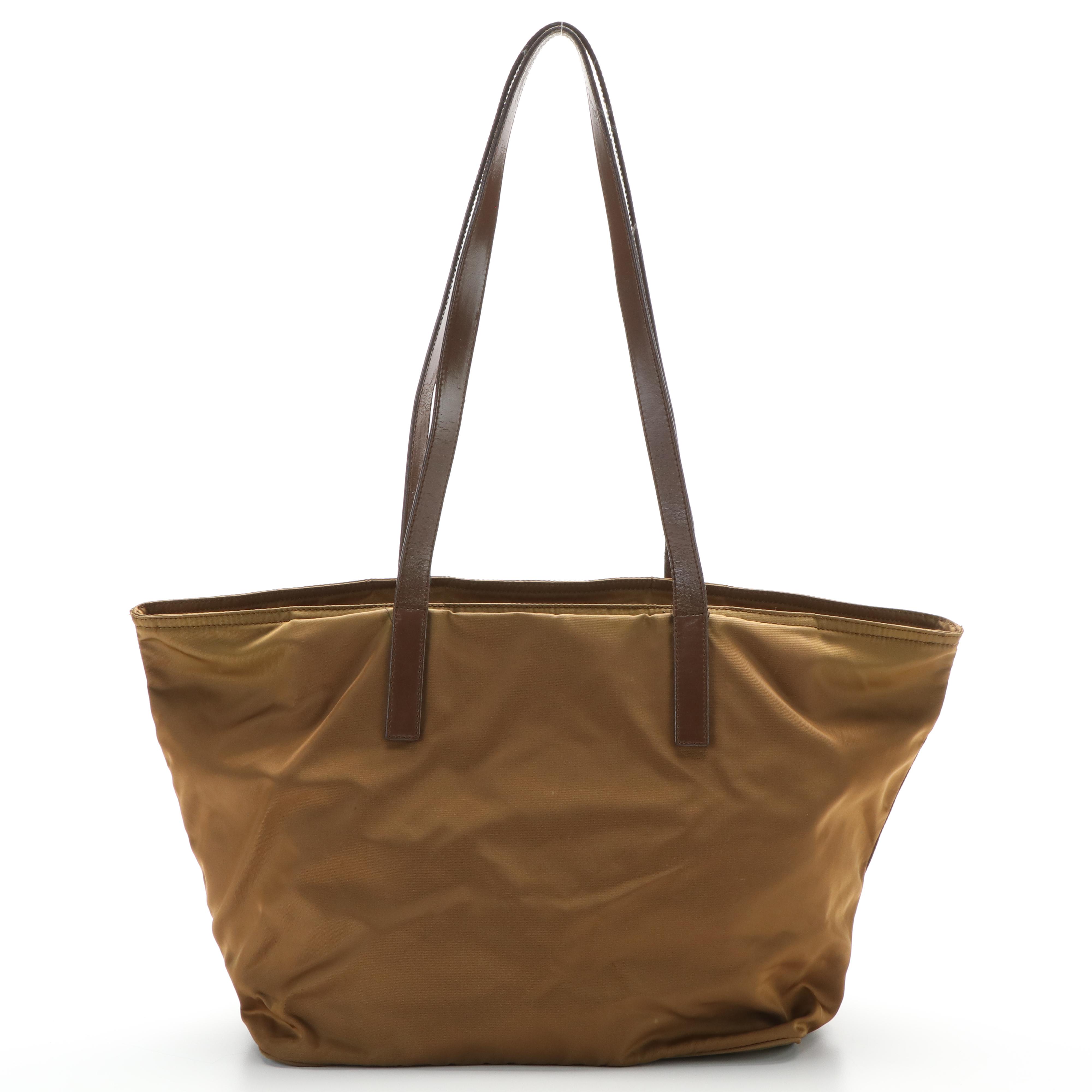 Prada Triangle Logo Tessuto Tote Bag in Brown Nylon