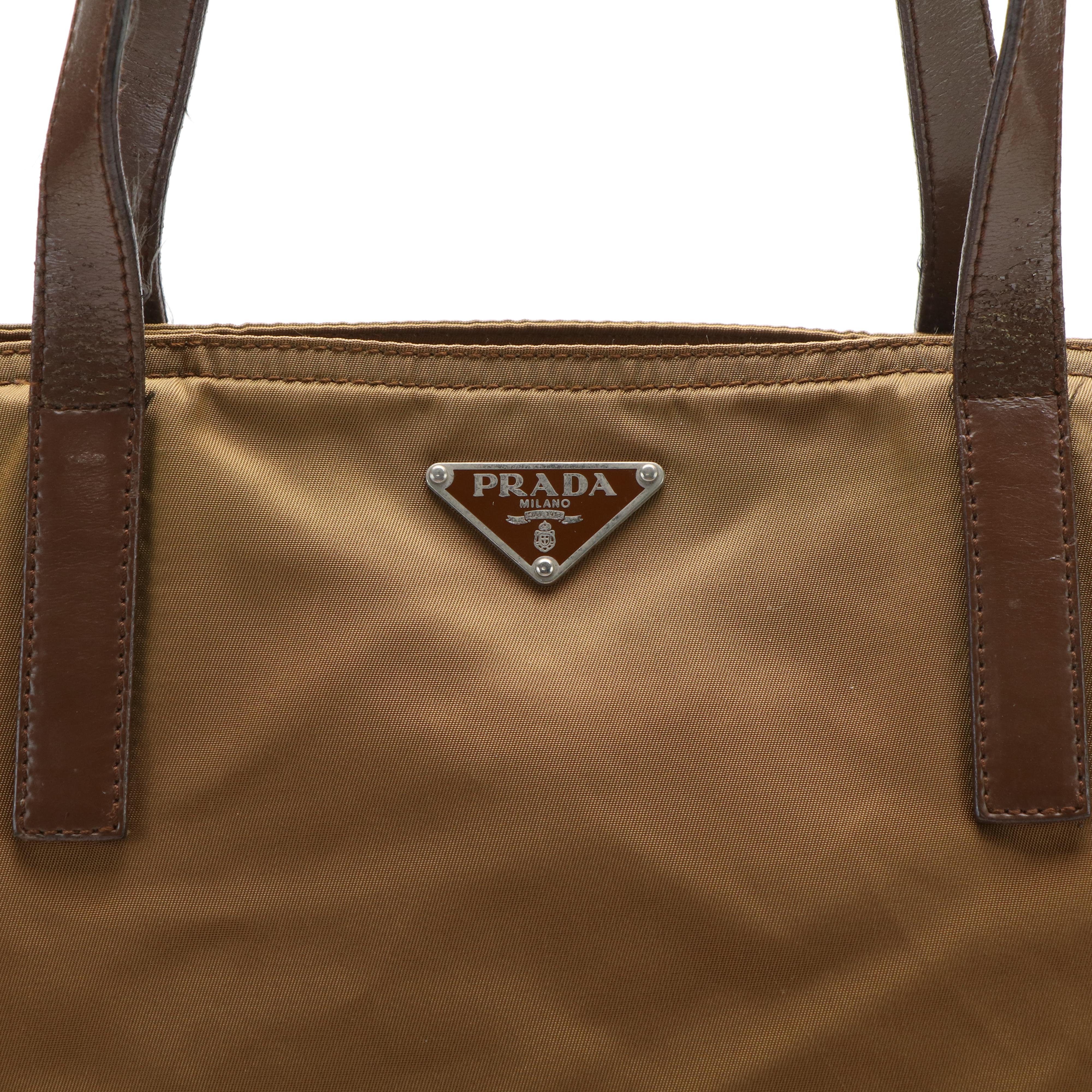 Prada Triangle Logo Tessuto Tote Bag in Brown Nylon