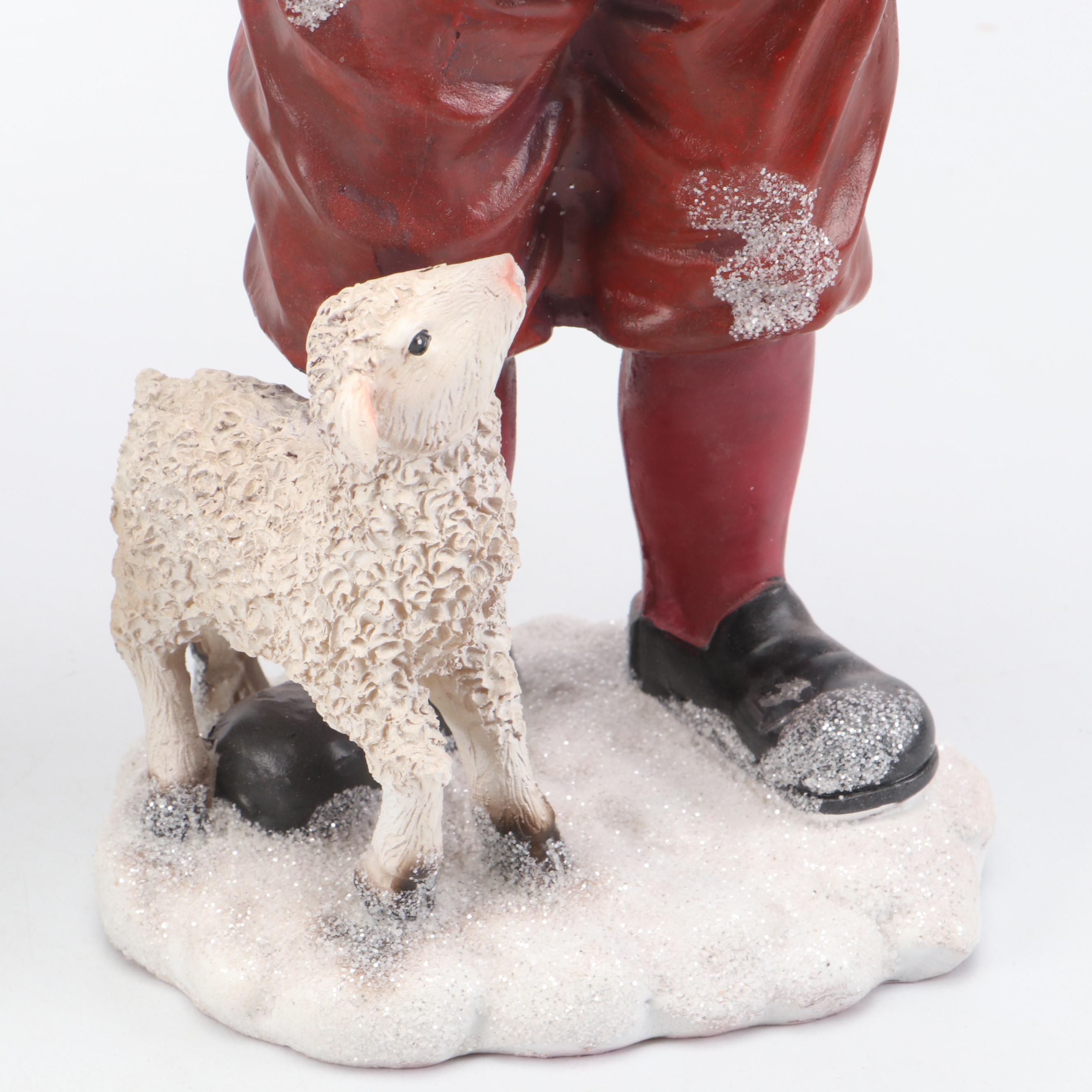 Resin Santa with Lambs Figurine and Lanter