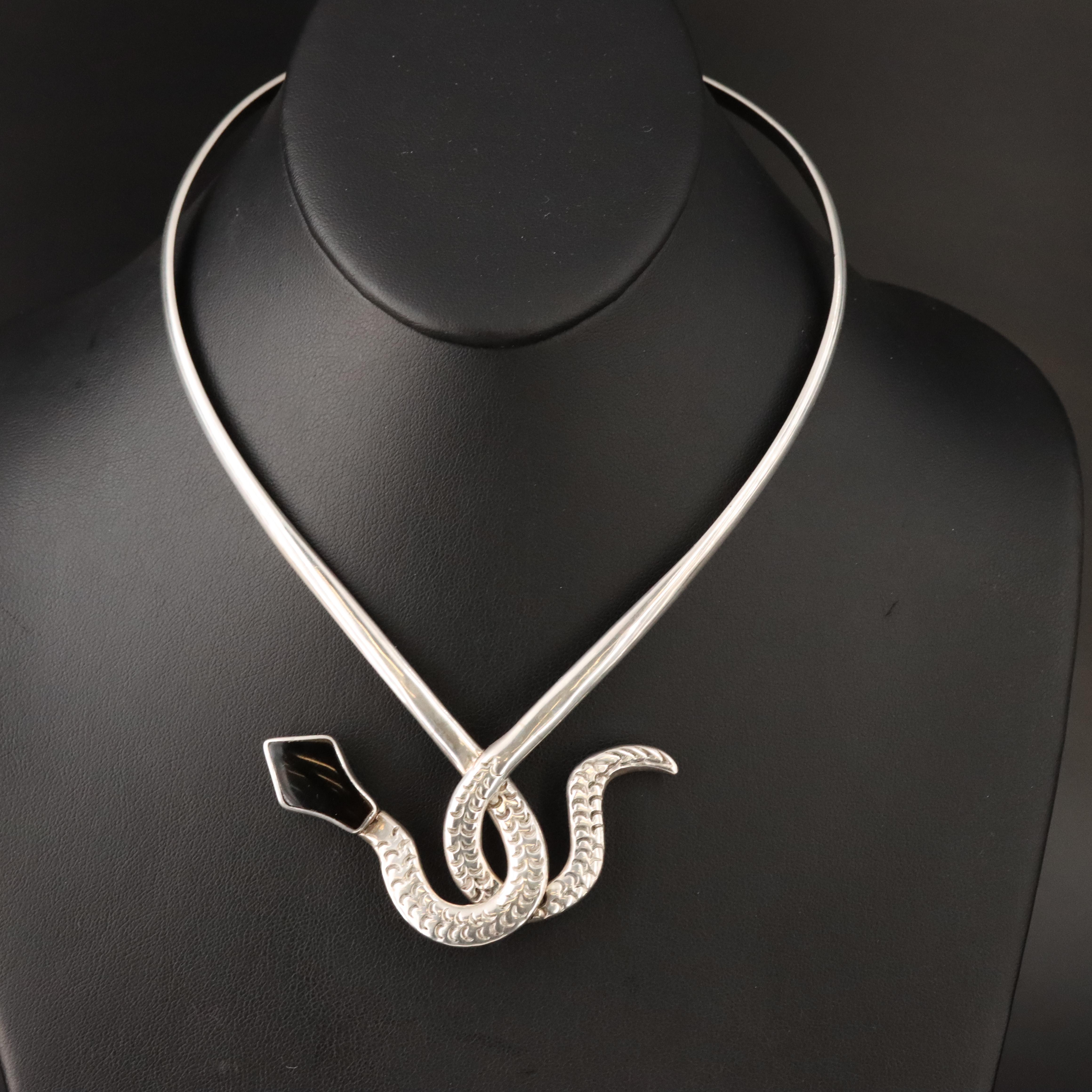 Mexican Sterling Obsidian Snake Collar Necklace