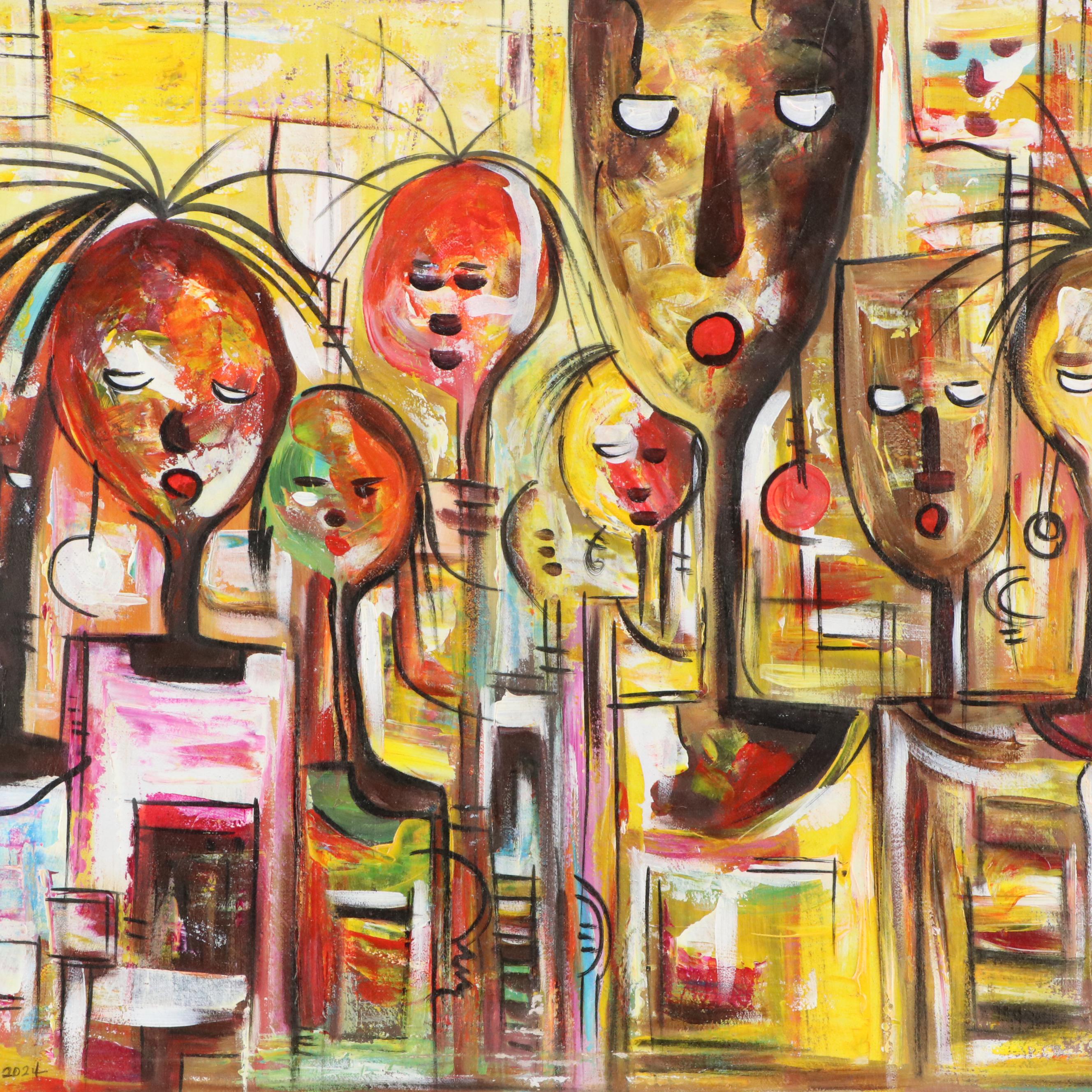 Bayo Ogundele Figural Stylized Oil Painting "Family," 2024