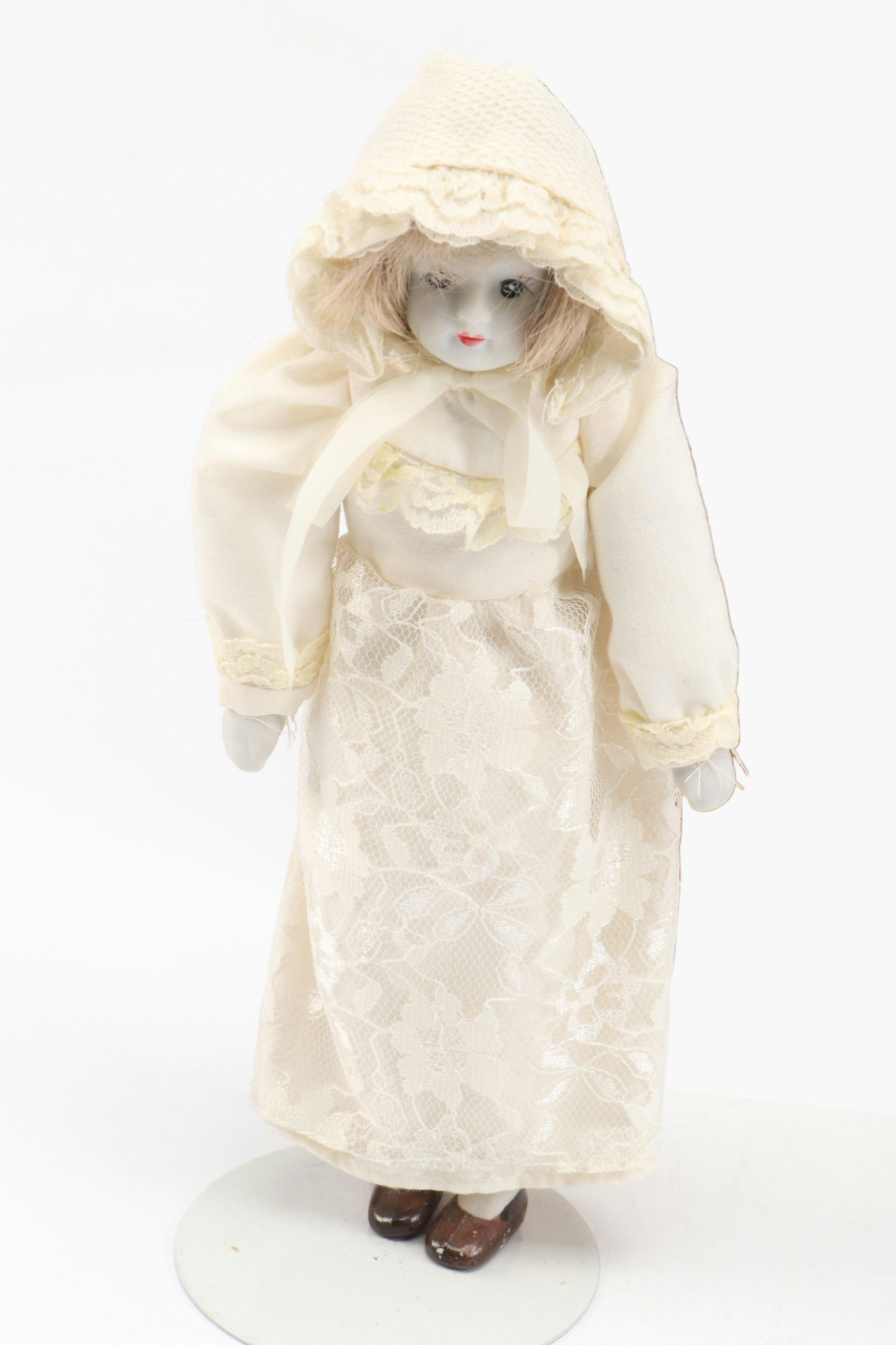 Spongeware Pitcher with China Doll and Other Décor