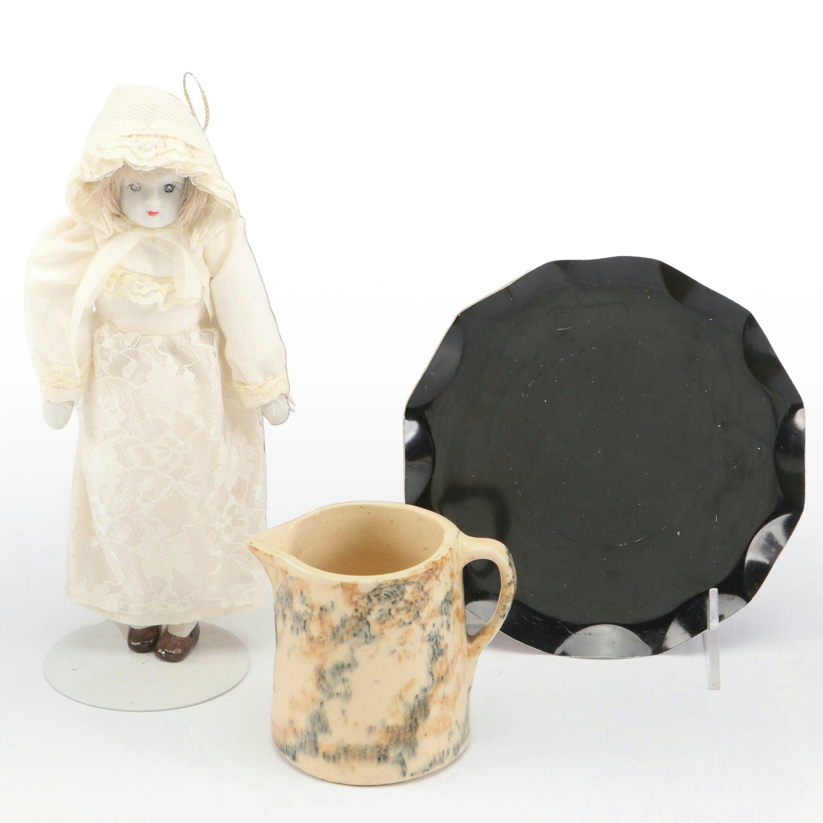 Spongeware Pitcher with China Doll and Other Décor