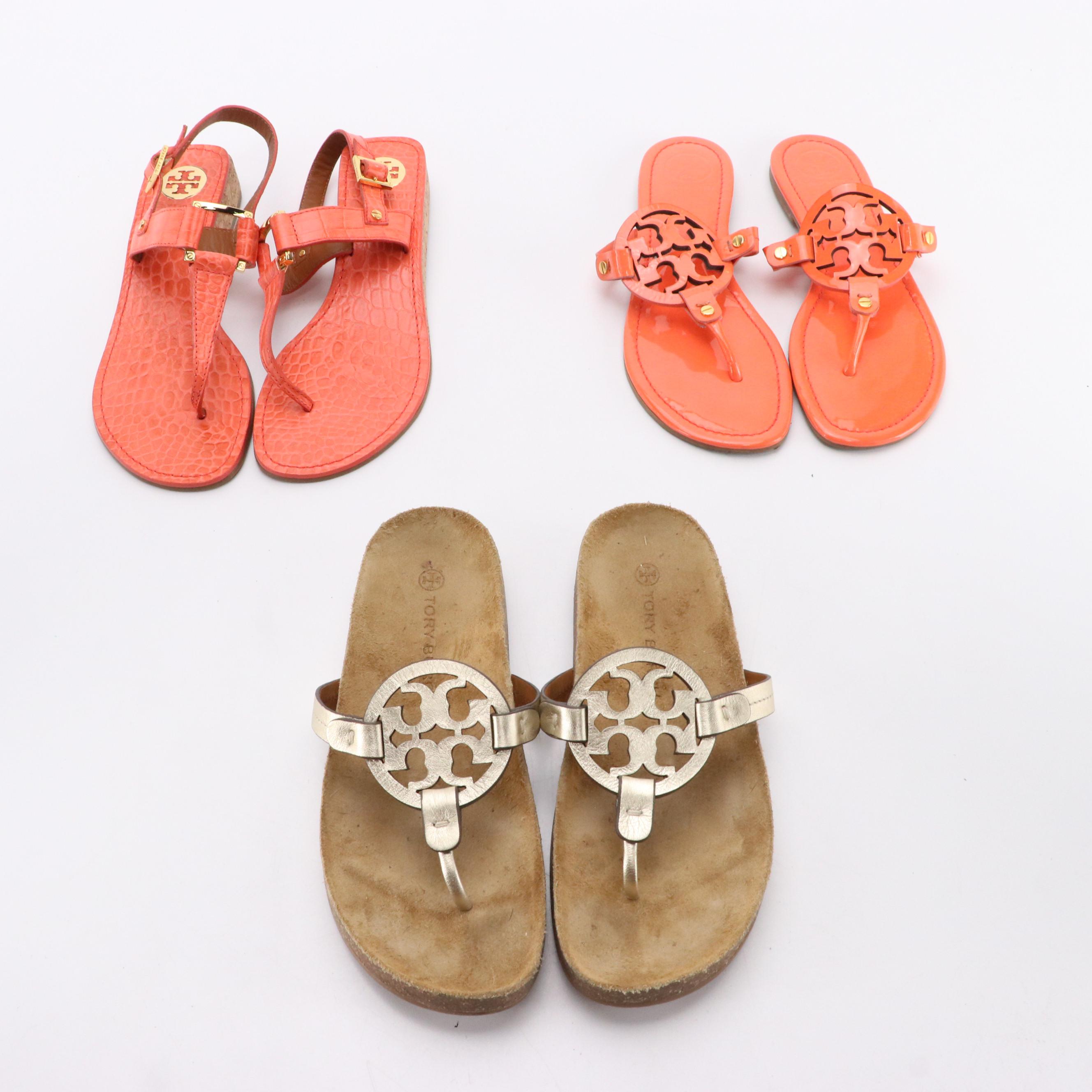 Tory Burch Toe Post Sandals in Patent, Embossed, and Metallic Leather