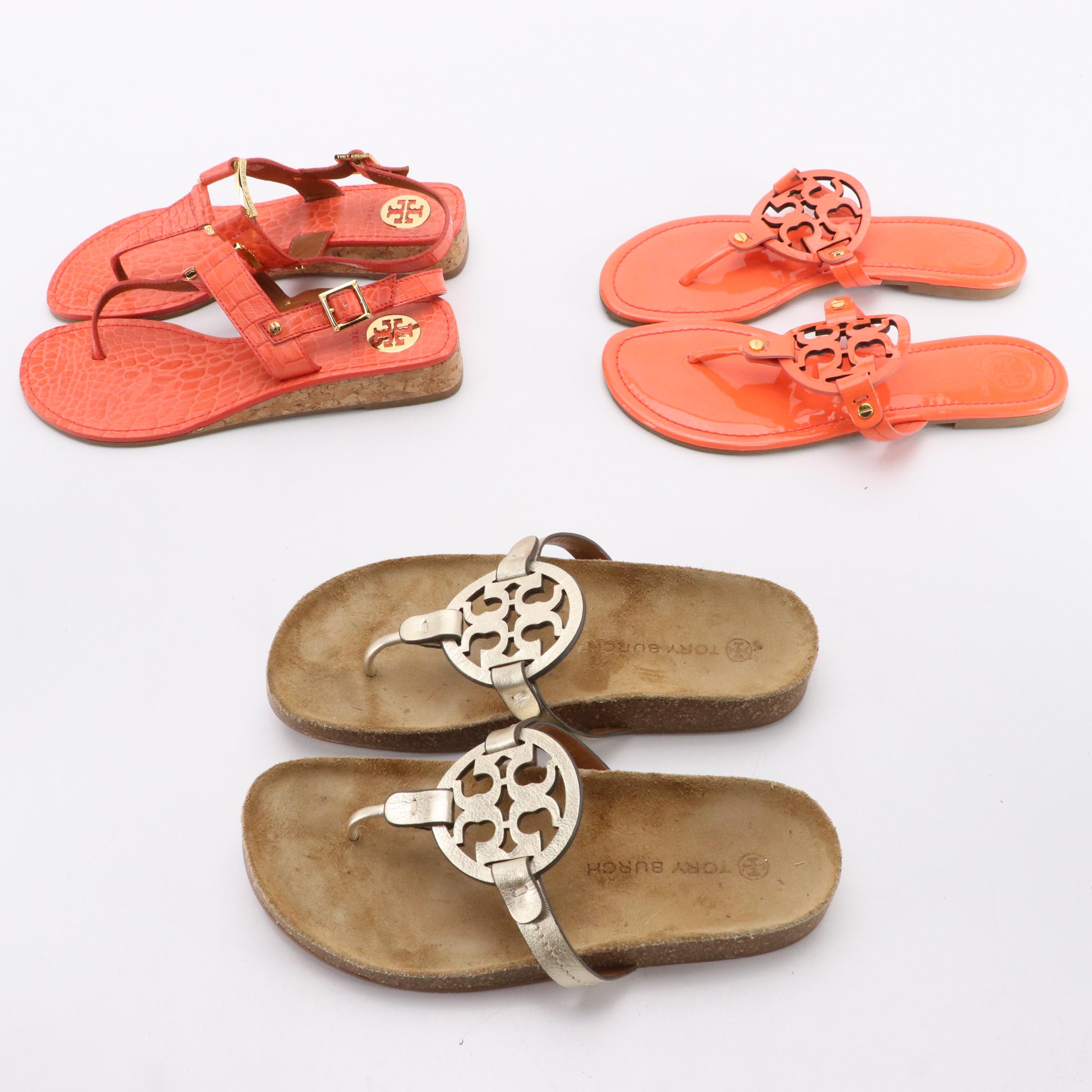 Tory Burch Toe Post Sandals in Patent, Embossed, and Metallic Leather