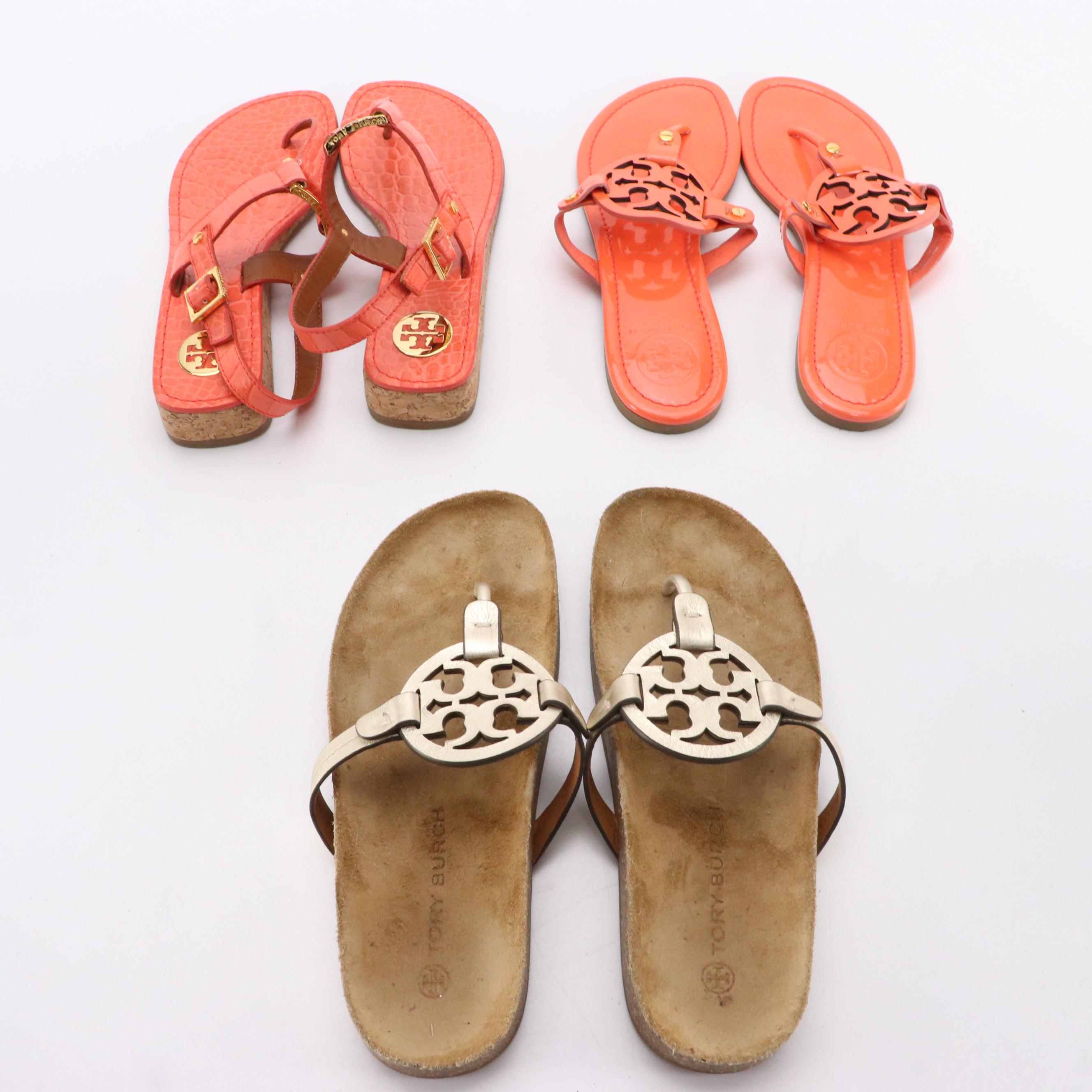 Tory Burch Toe Post Sandals in Patent, Embossed, and Metallic Leather