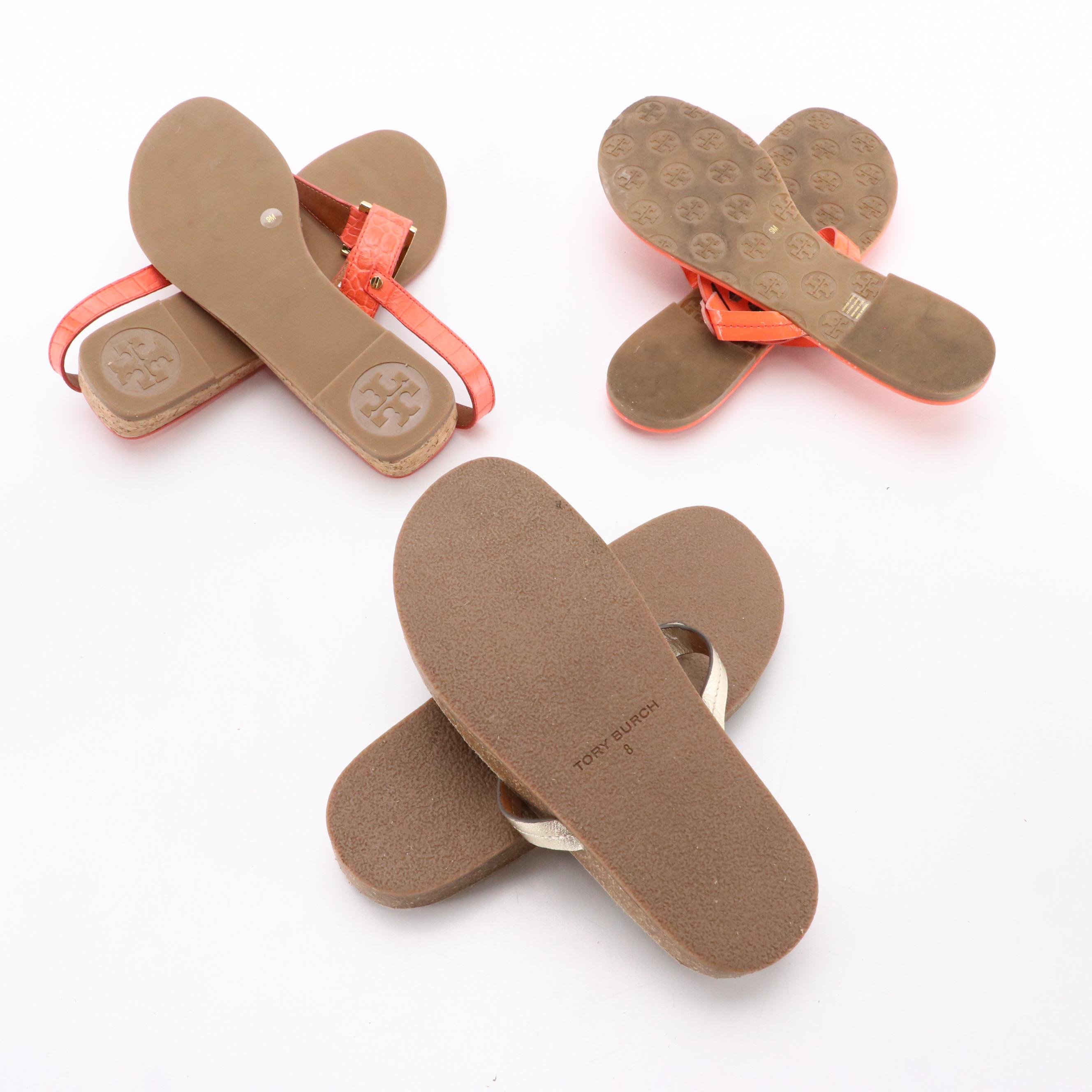 Tory Burch Toe Post Sandals in Patent, Embossed, and Metallic Leather