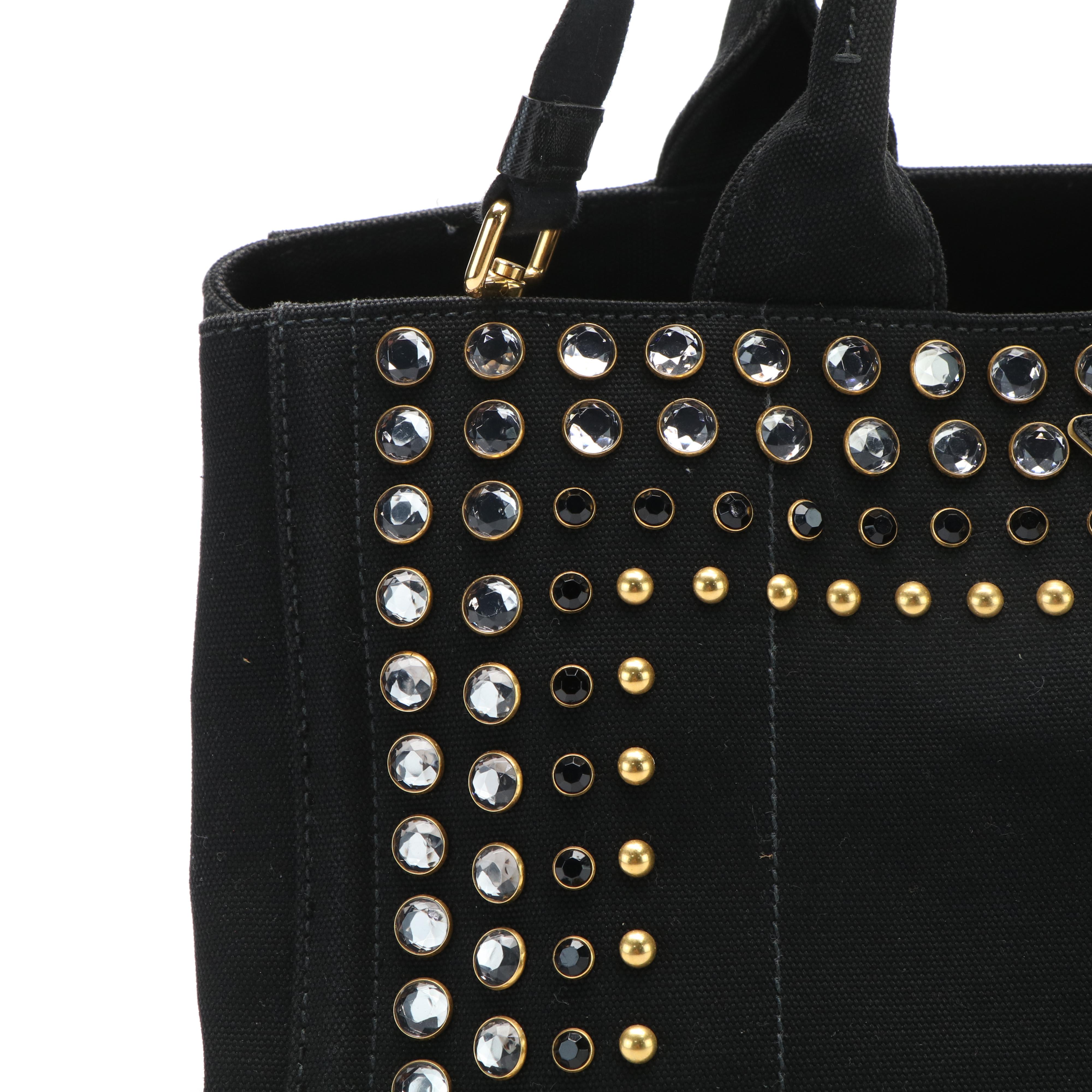 Prada Canapa Bijoux Tote Bag in Black Canvas and Leather