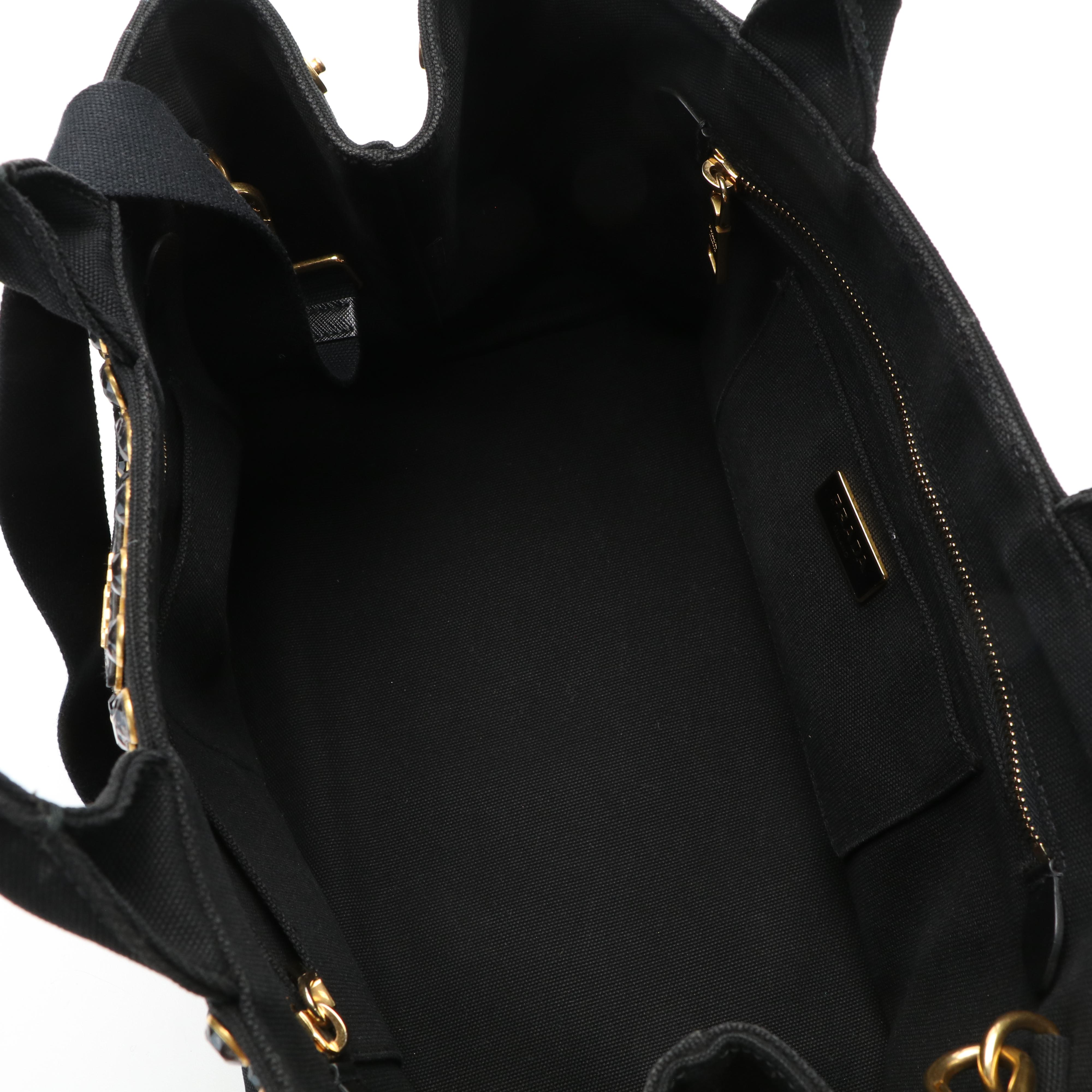 Prada Canapa Bijoux Tote Bag in Black Canvas and Leather