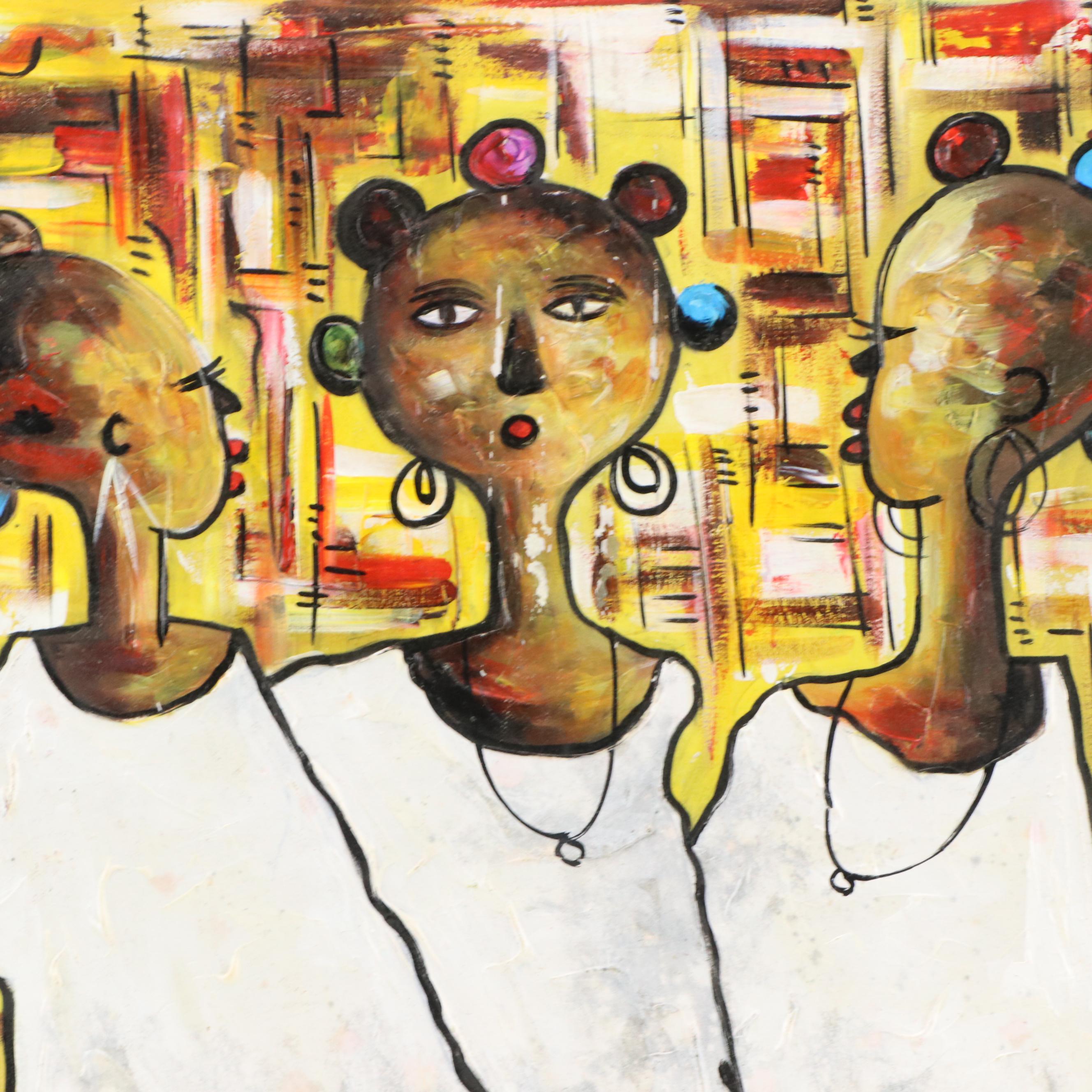 Bayo Ogundele Figural Stylized Acrylic Painting "Sisters," 2024