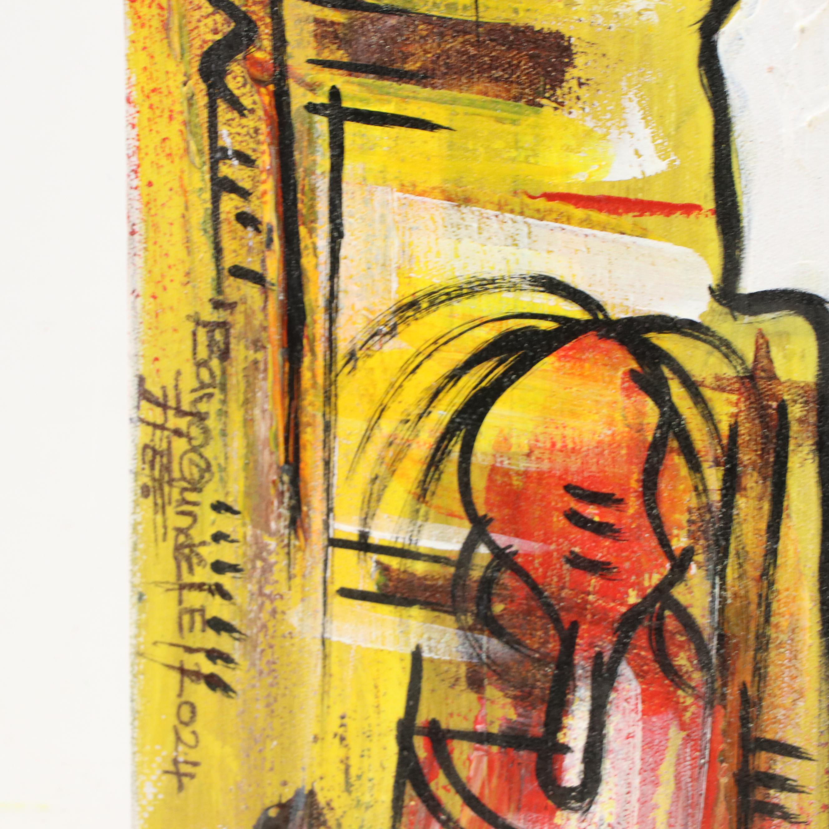 Bayo Ogundele Figural Stylized Acrylic Painting "Sisters," 2024