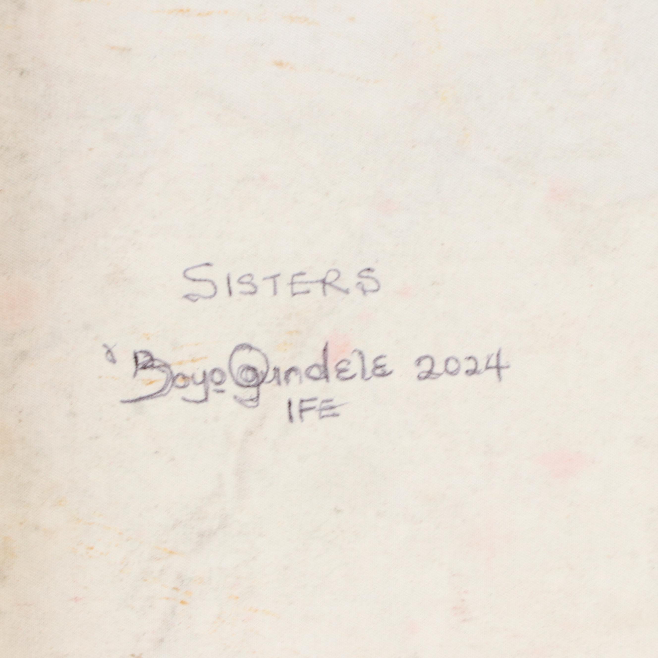 Bayo Ogundele Figural Stylized Acrylic Painting "Sisters," 2024