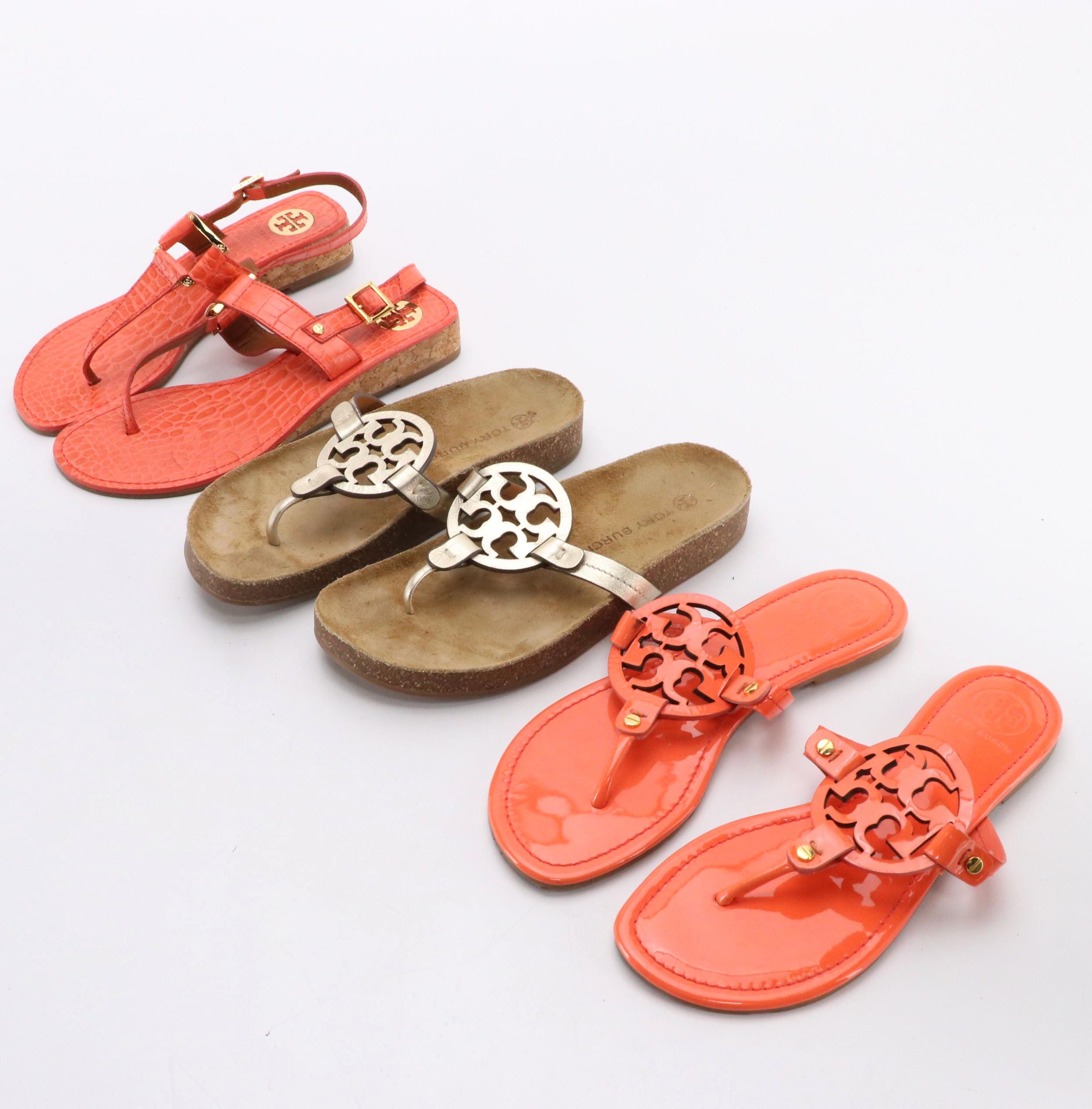 Tory Burch Toe Post Sandals in Patent, Embossed, and Metallic Leather