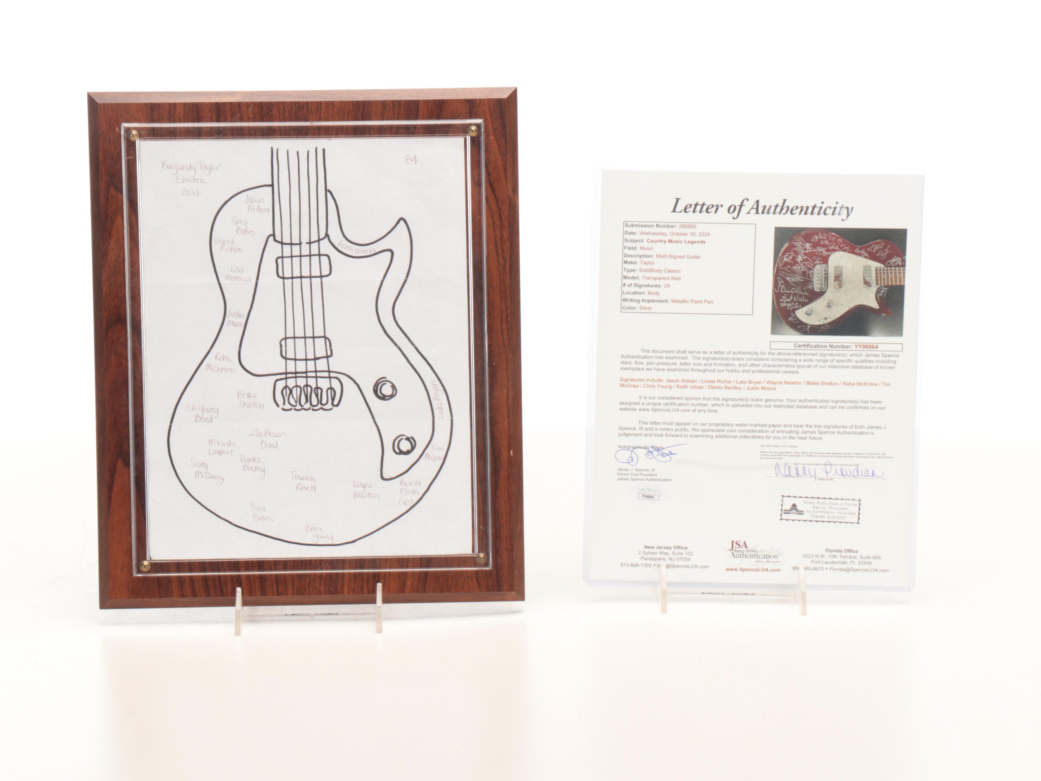 Reba McEntire, Luke Bryan, and More Signed Taylor Electric Guitar, JSA