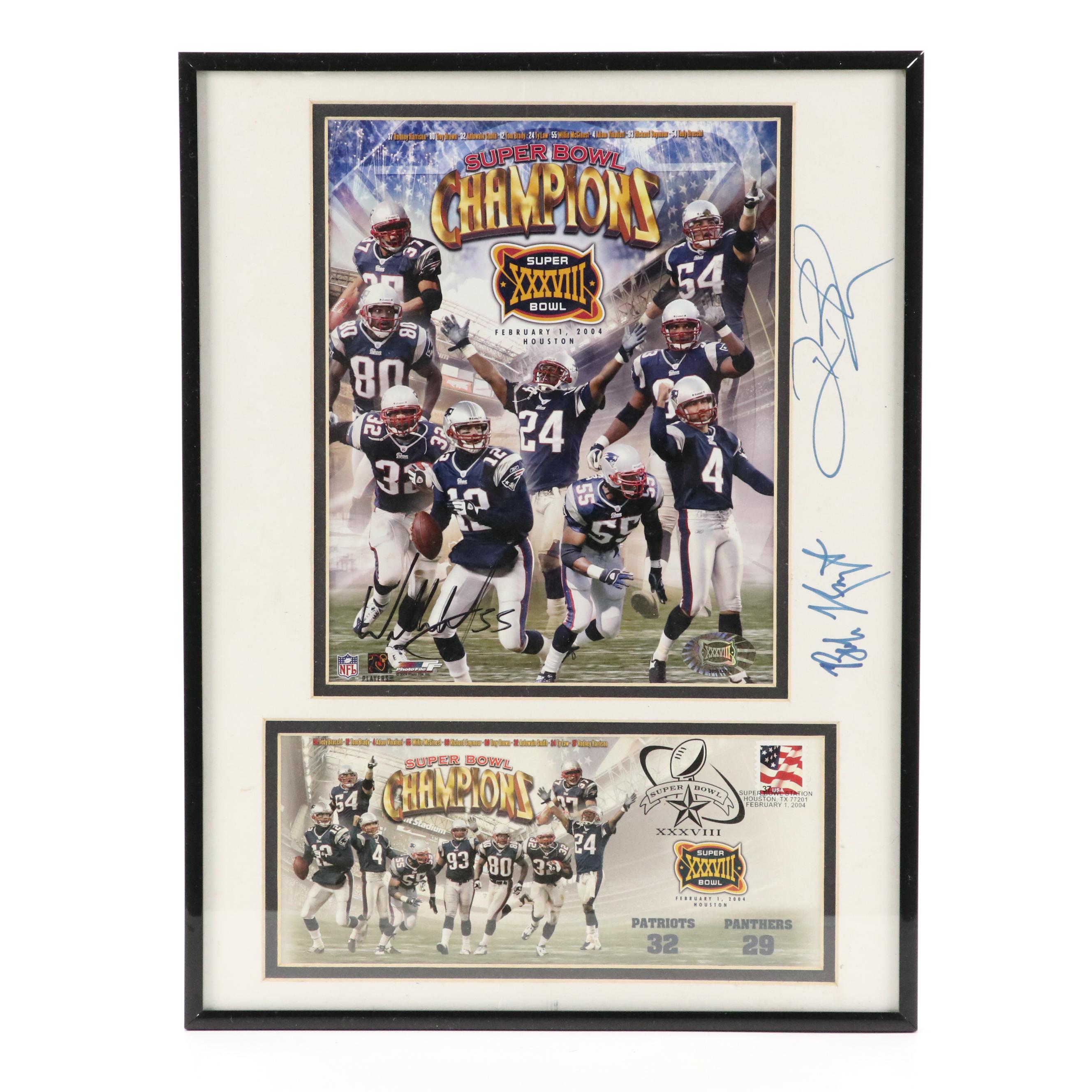 Willie McGinest, Robert Kraft, and Deion Branch Signed Superbowl XXXVIII Display