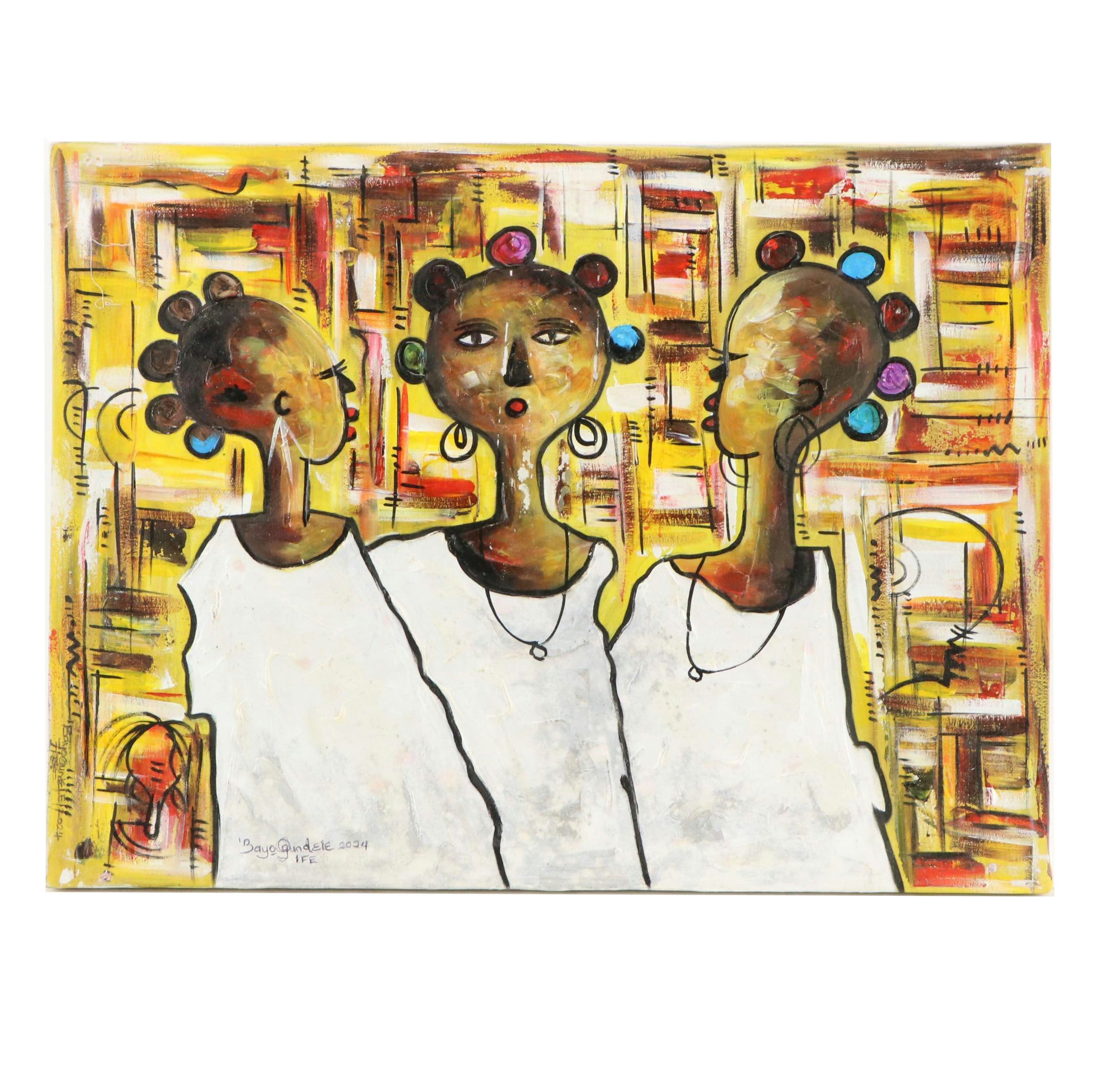 Bayo Ogundele Figural Stylized Acrylic Painting "Sisters," 2024
