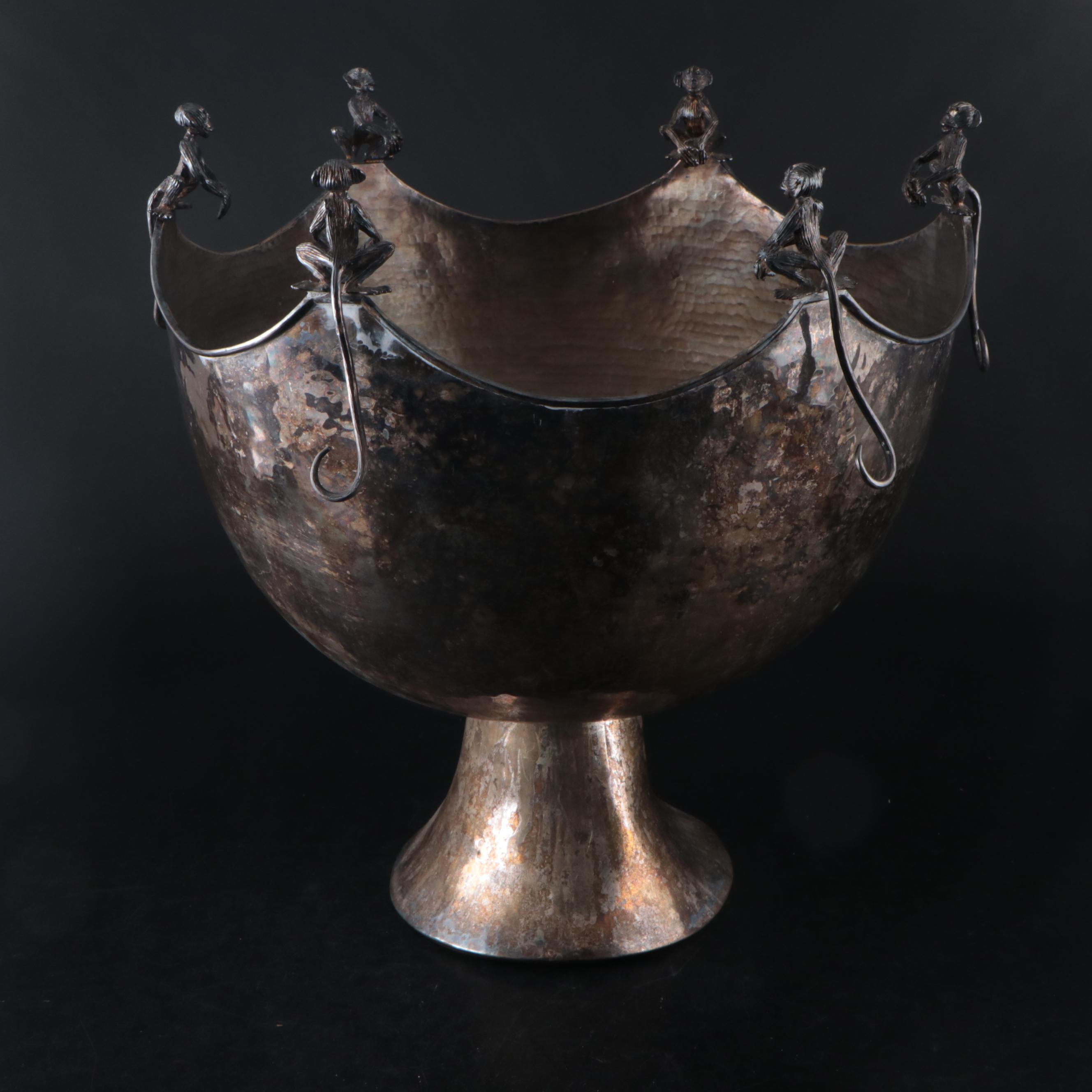 Mexican Emilia Castillo Silver Plate Punch Bowl with Monkeys to Rim