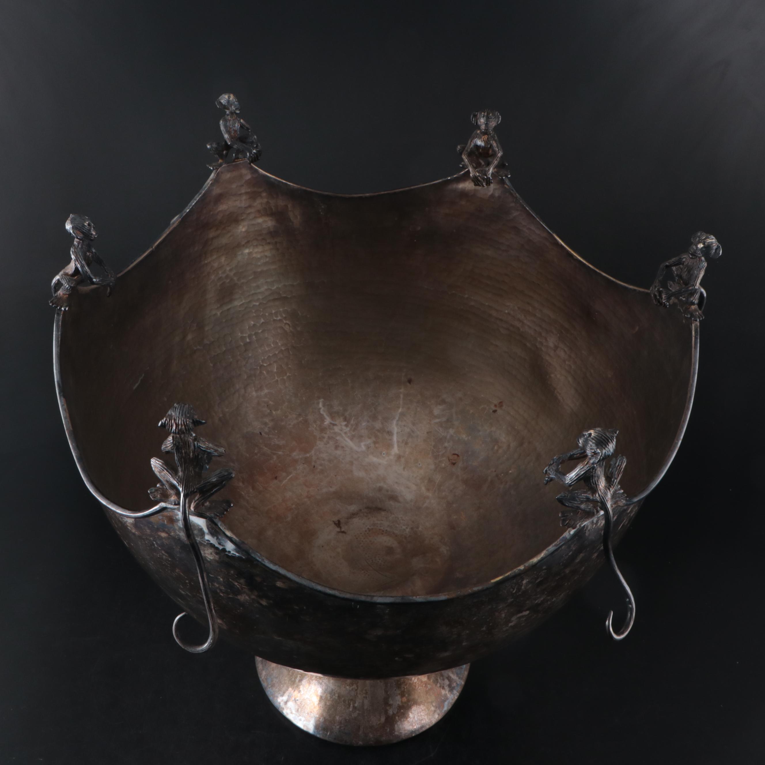 Mexican Emilia Castillo Silver Plate Punch Bowl with Monkeys to Rim