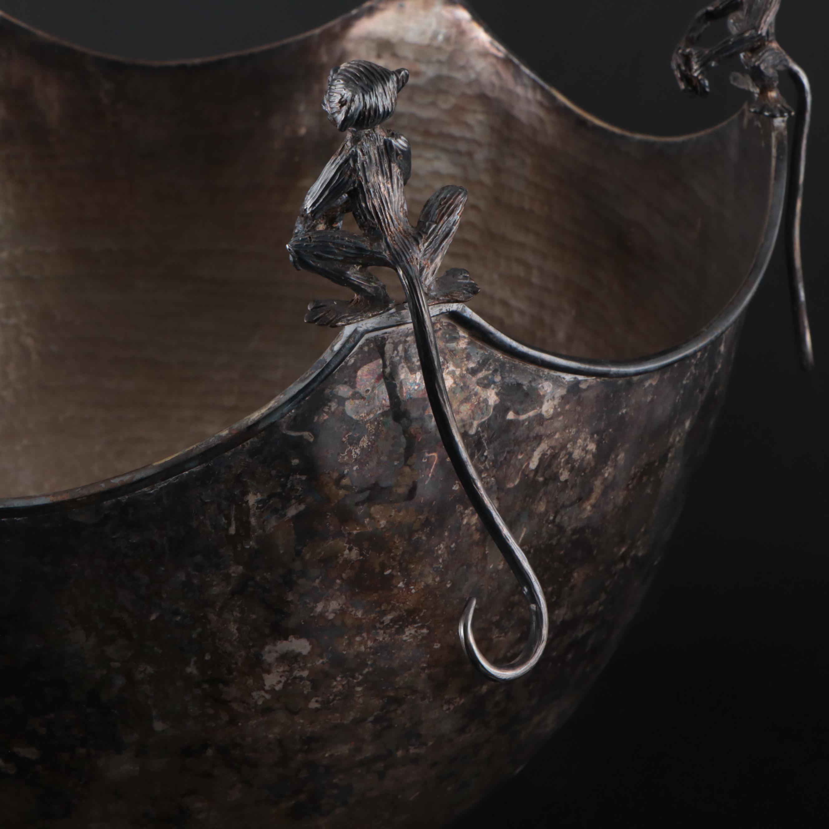 Mexican Emilia Castillo Silver Plate Punch Bowl with Monkeys to Rim