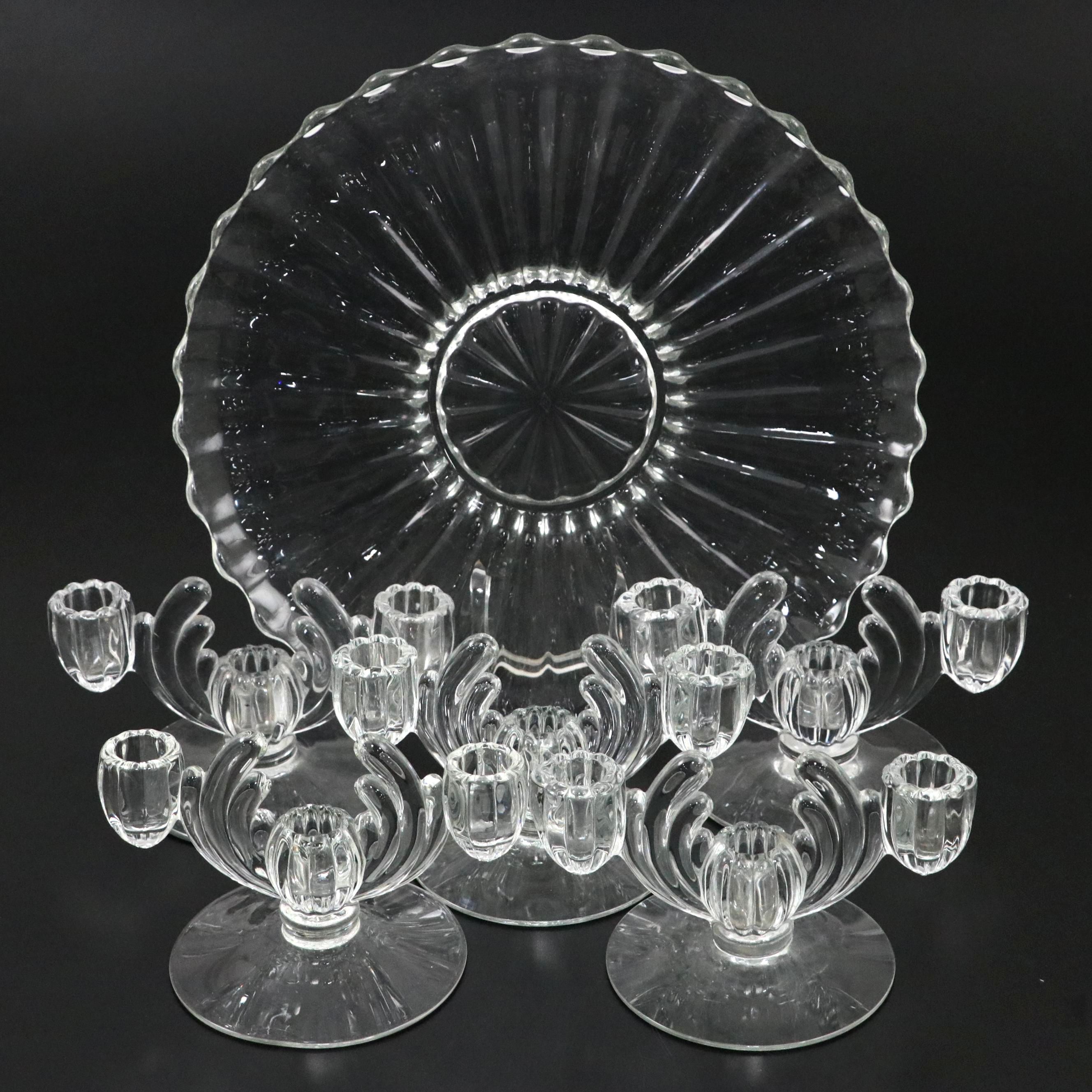Heisey "Crystolite" Glass 3 Light Candlesticks and Sandwich Plate, 1937-1957