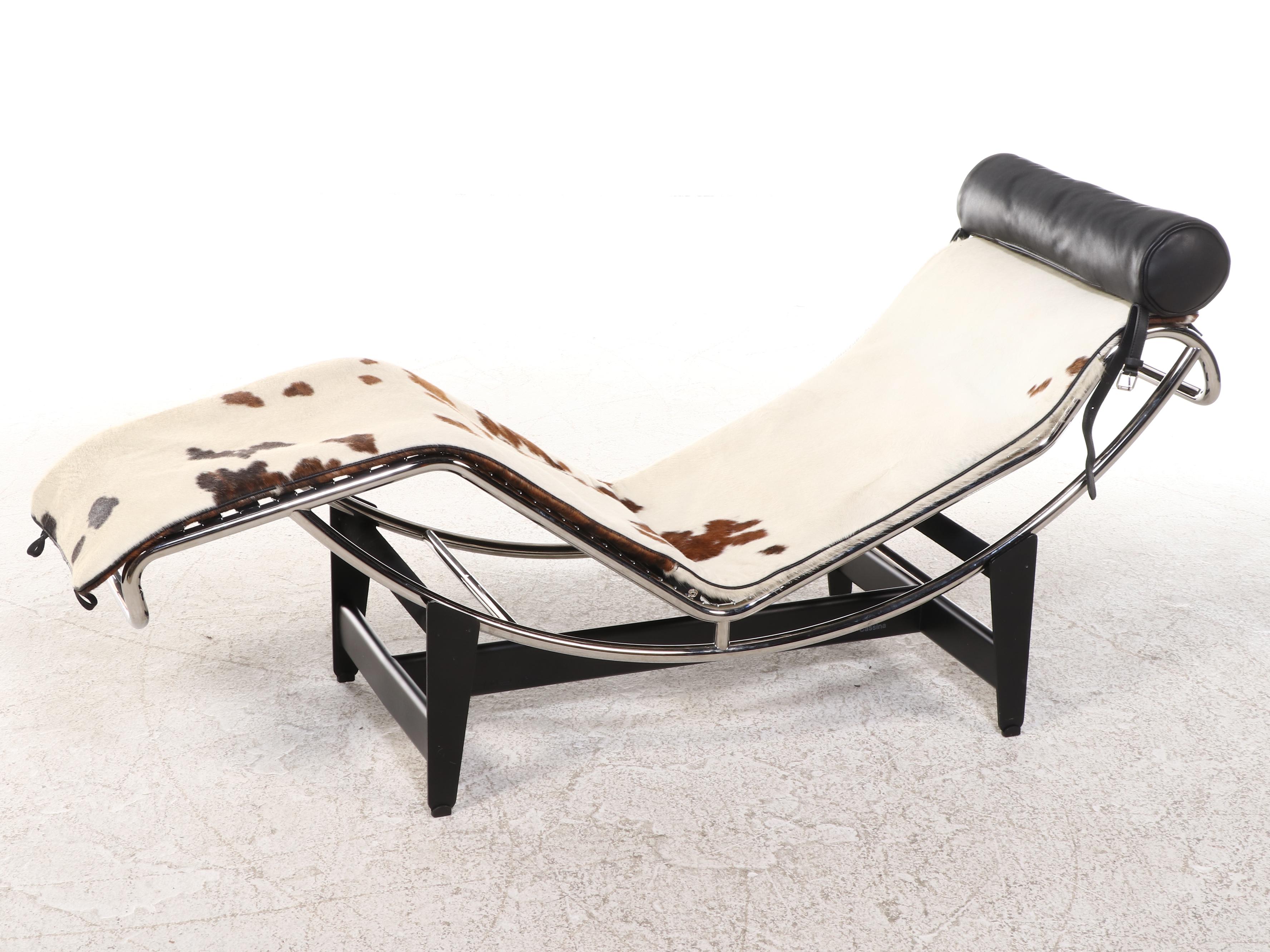 Le Corbusier for Cassina "LC4" Steel, Black Leather, and Cowhide Chaise Lounge