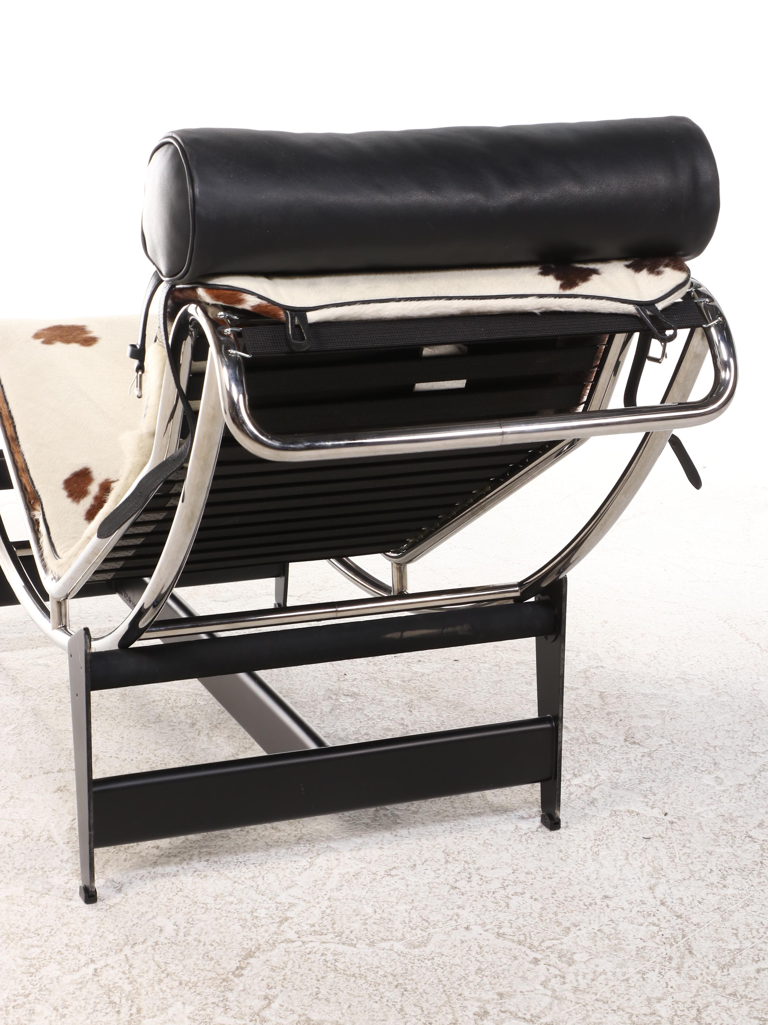 Le Corbusier for Cassina "LC4" Steel, Black Leather, and Cowhide Chaise Lounge