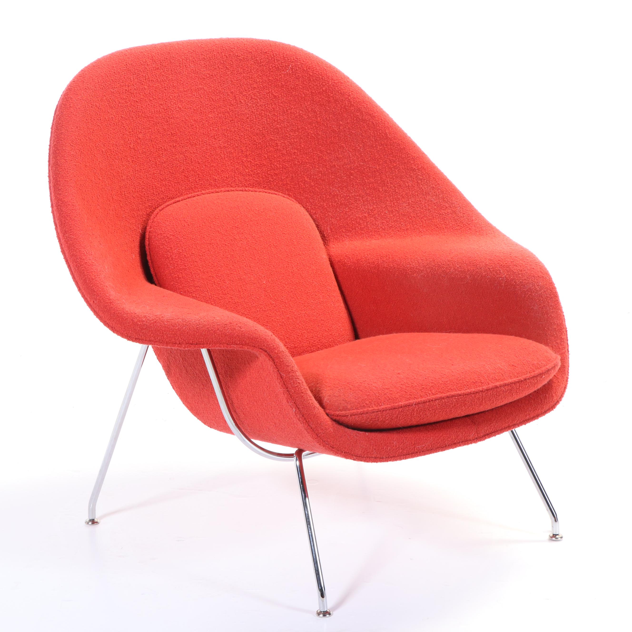 Knoll "Womb" MCM Red Bouclé Armchair and Ottoman
