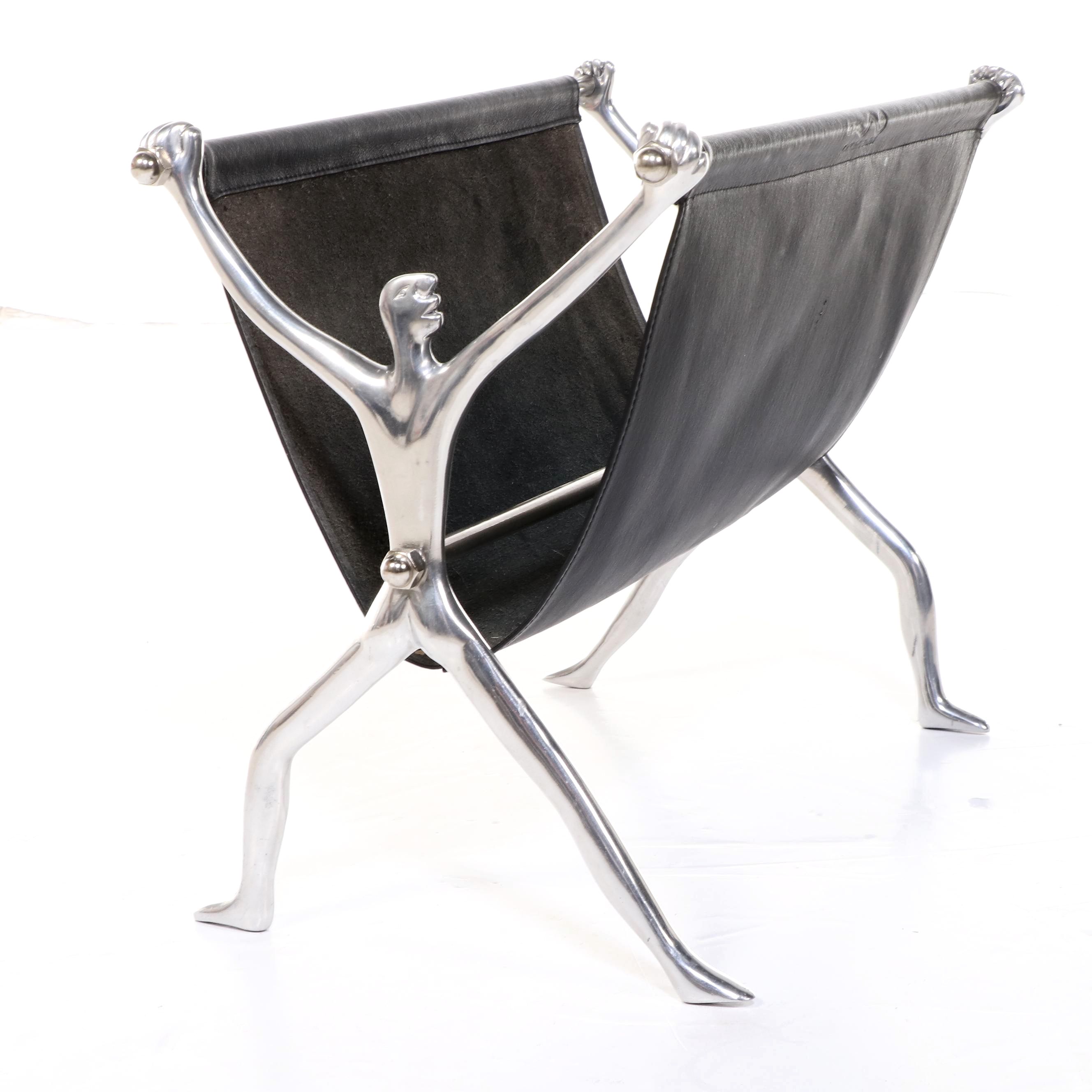 Carrol Boyes "Man" Leather and Cast Aluminum Magazine Holder, Contemporary