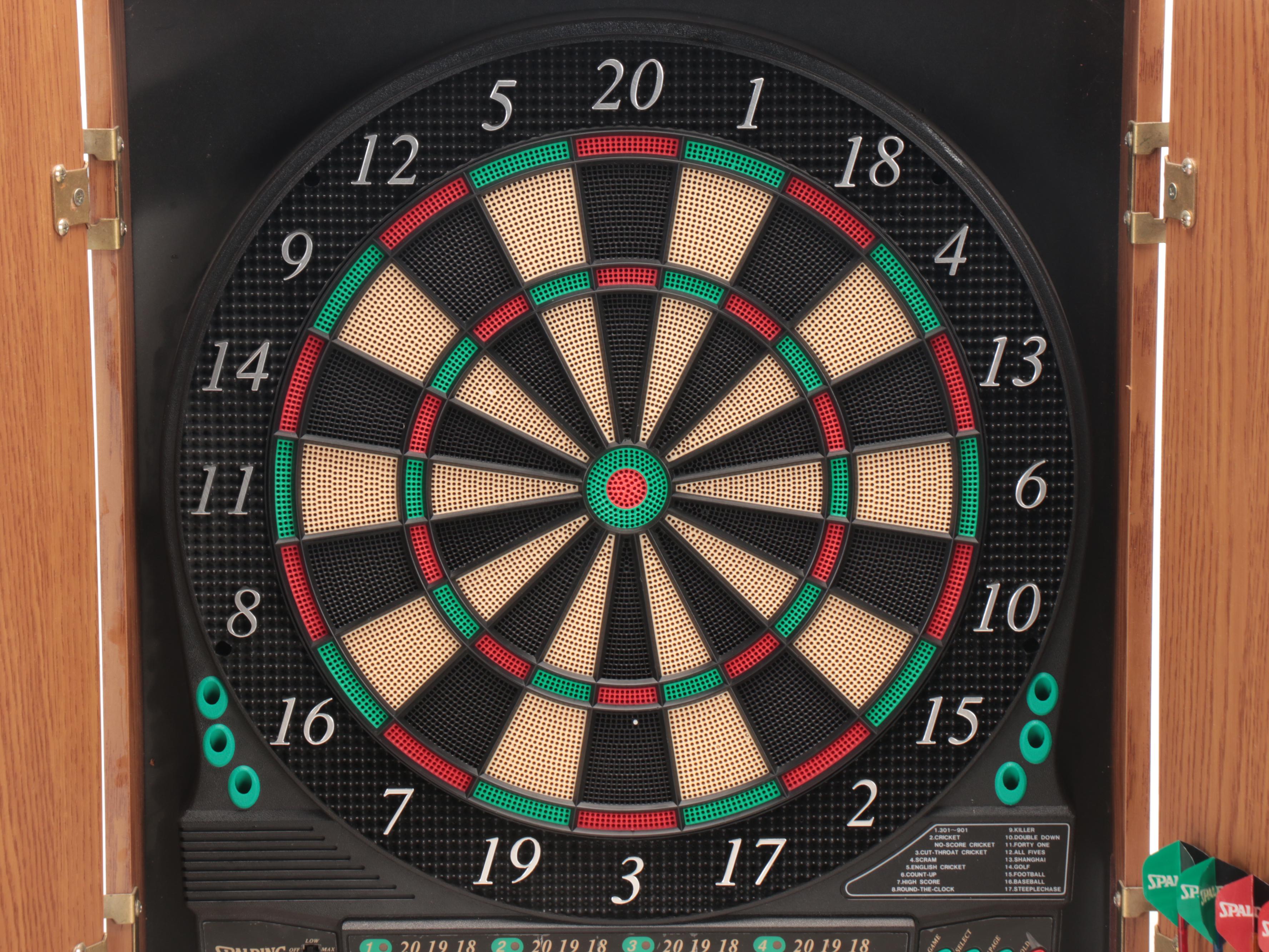Spalding Electronic Dartboard in Oak Cabinet with Darts, Late 20th Century