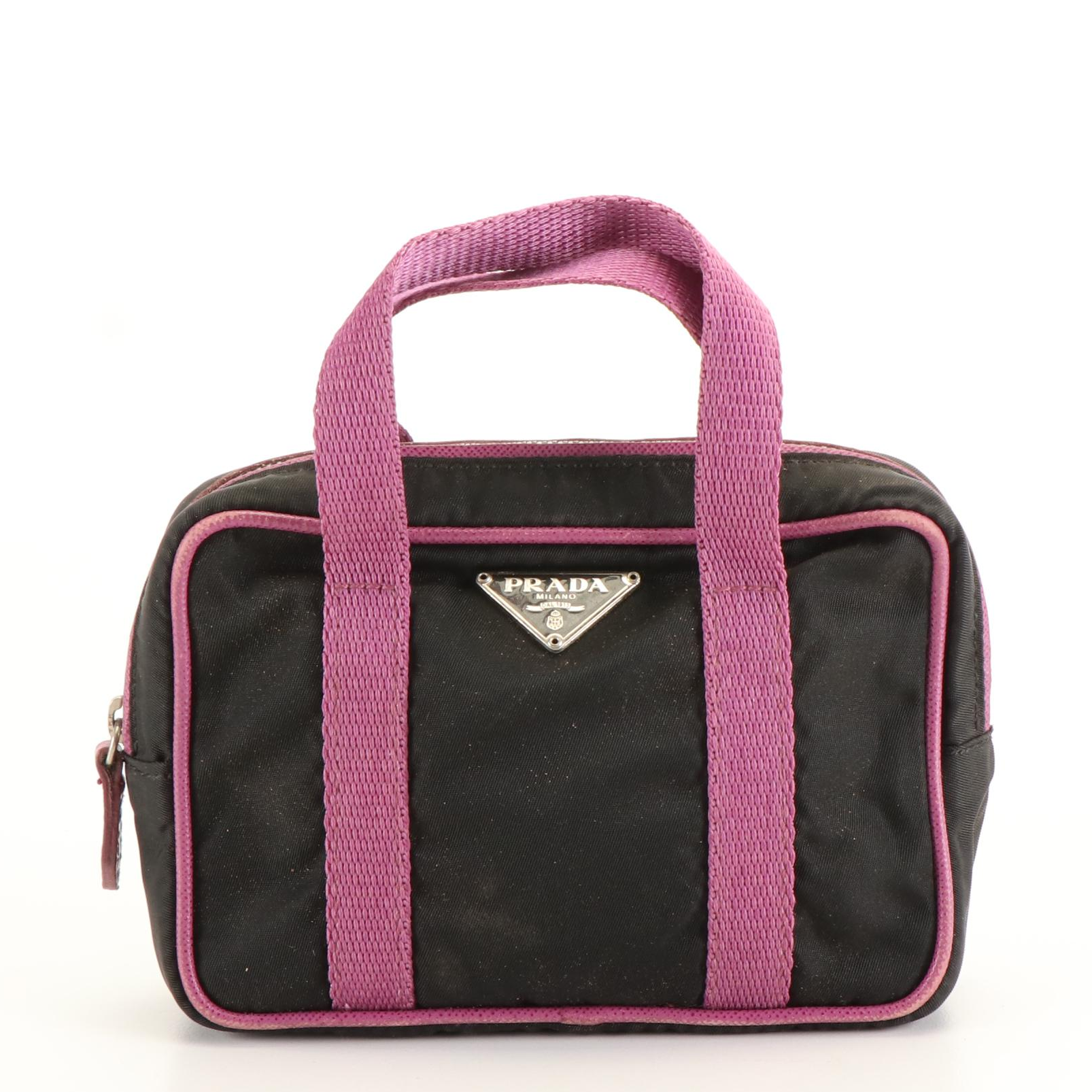 Prada Mini Briefcase Handbag in Black Nylon and Purple Trim