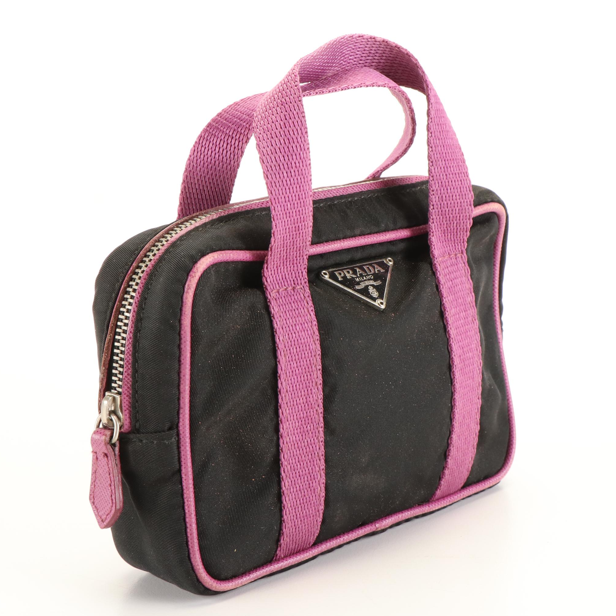 Prada Mini Briefcase Handbag in Black Nylon and Purple Trim