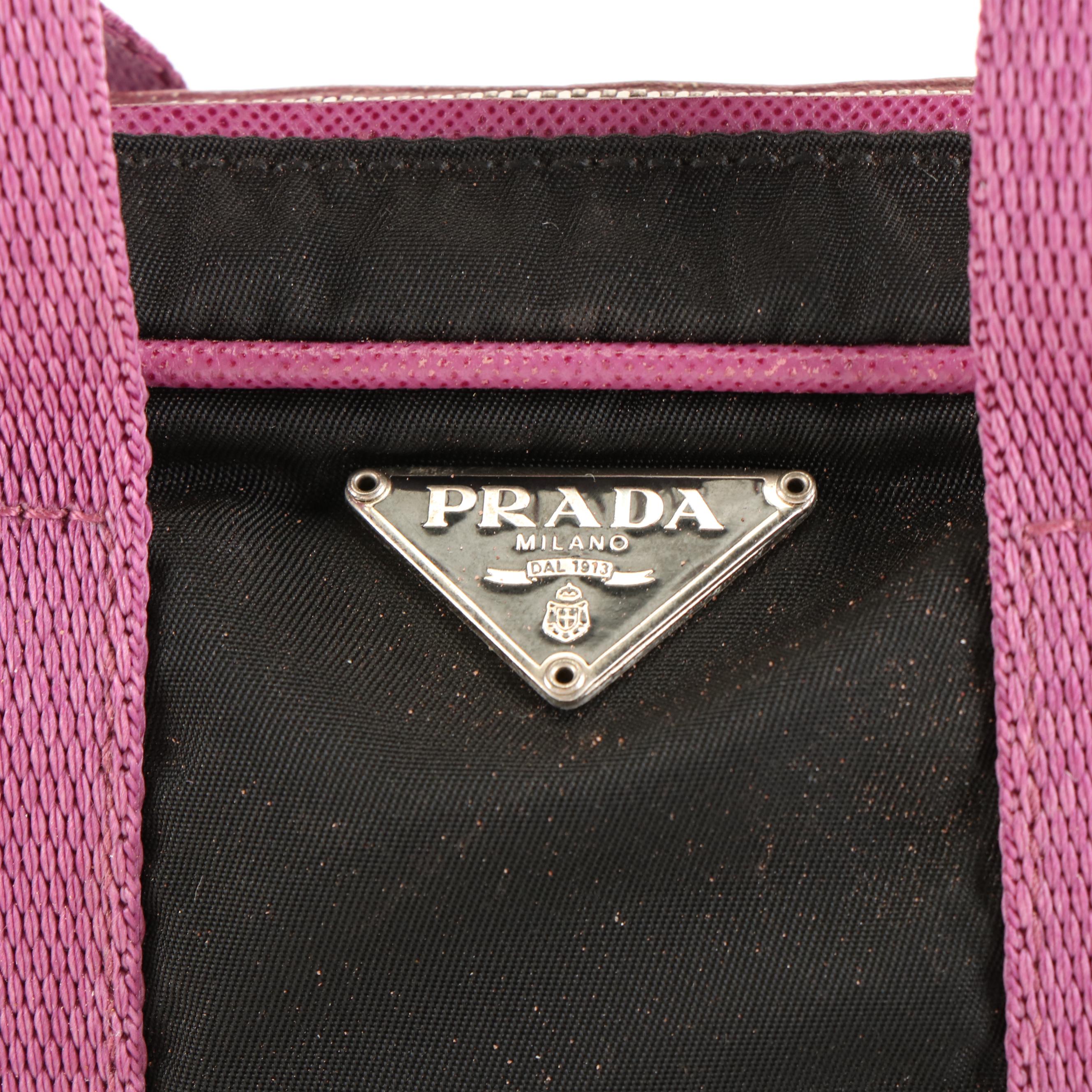 Prada Mini Briefcase Handbag in Black Nylon and Purple Trim