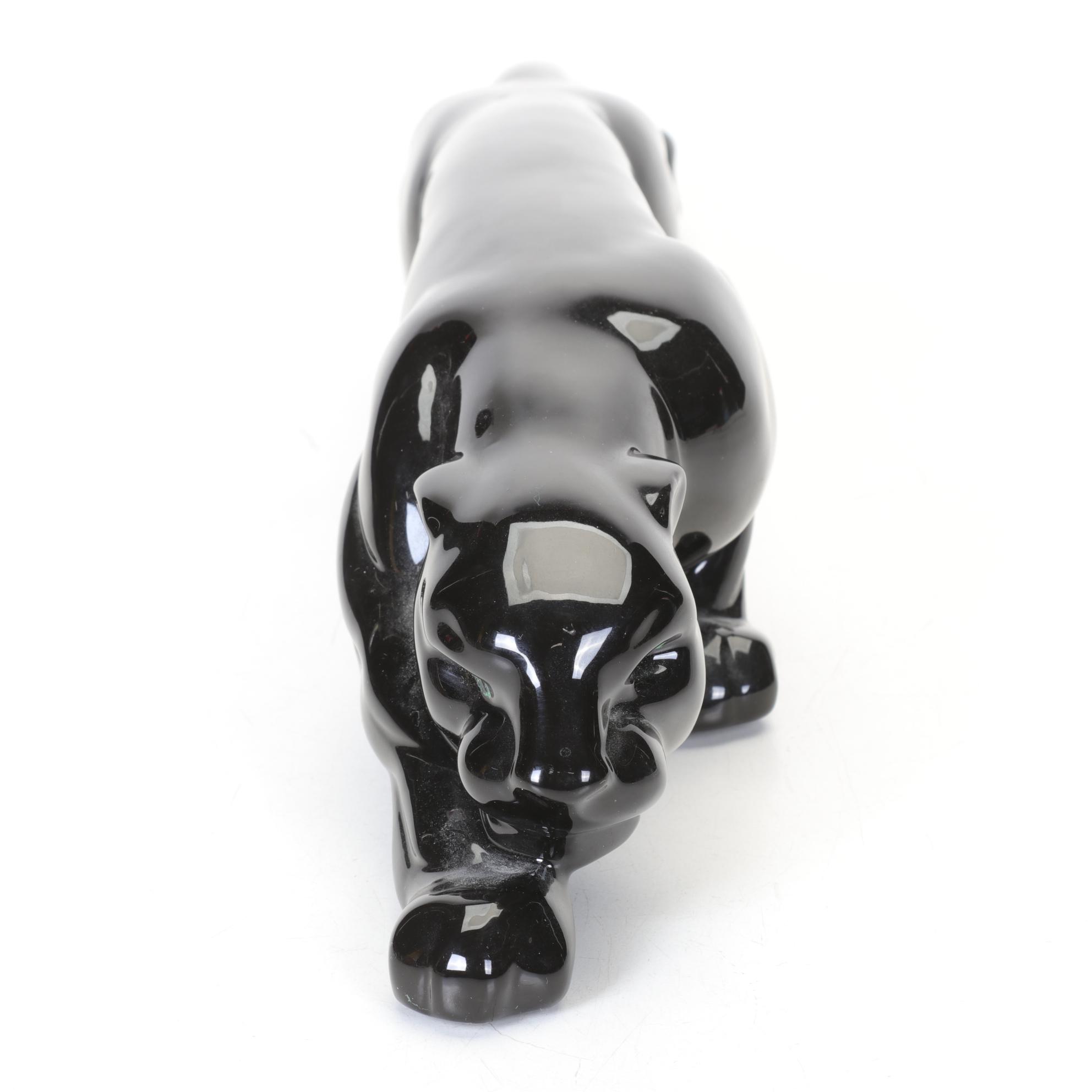 Mid Century Modern Crouching Black Panther Ceramic Figurine