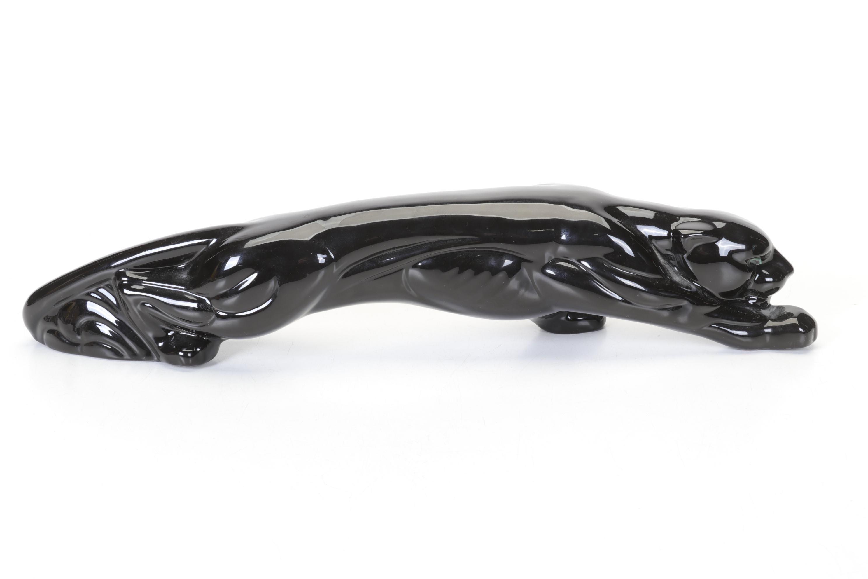 Mid Century Modern Crouching Black Panther Ceramic Figurine
