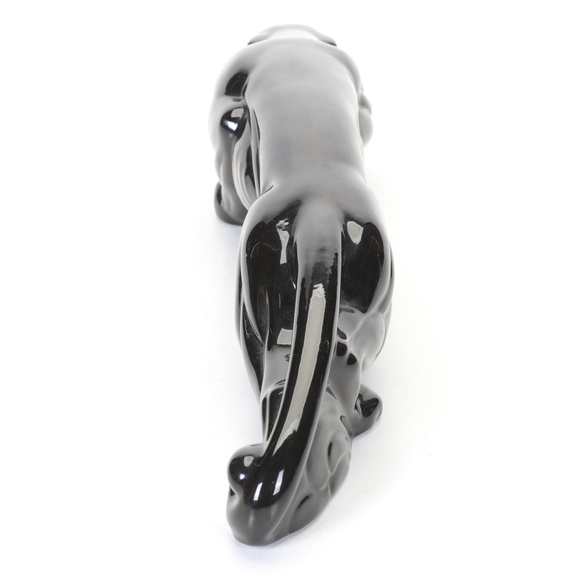 Mid Century Modern Crouching Black Panther Ceramic Figurine