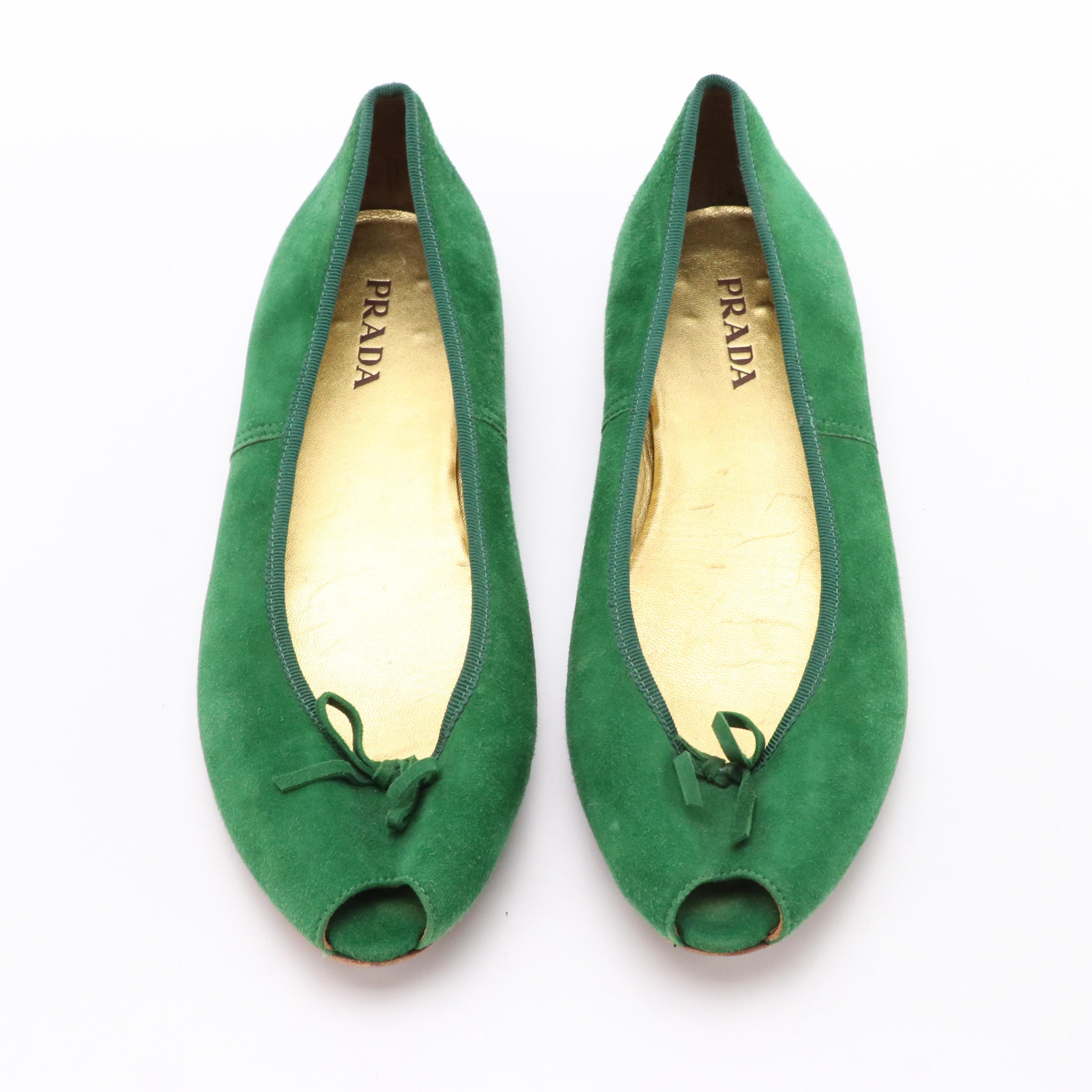Prada Hunter Green Suede Peep-Toe Ballet Flats with Box