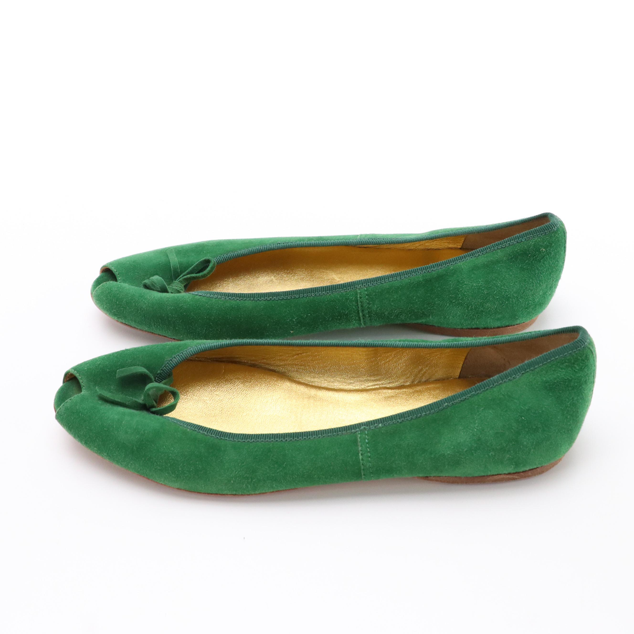Prada Hunter Green Suede Peep-Toe Ballet Flats with Box
