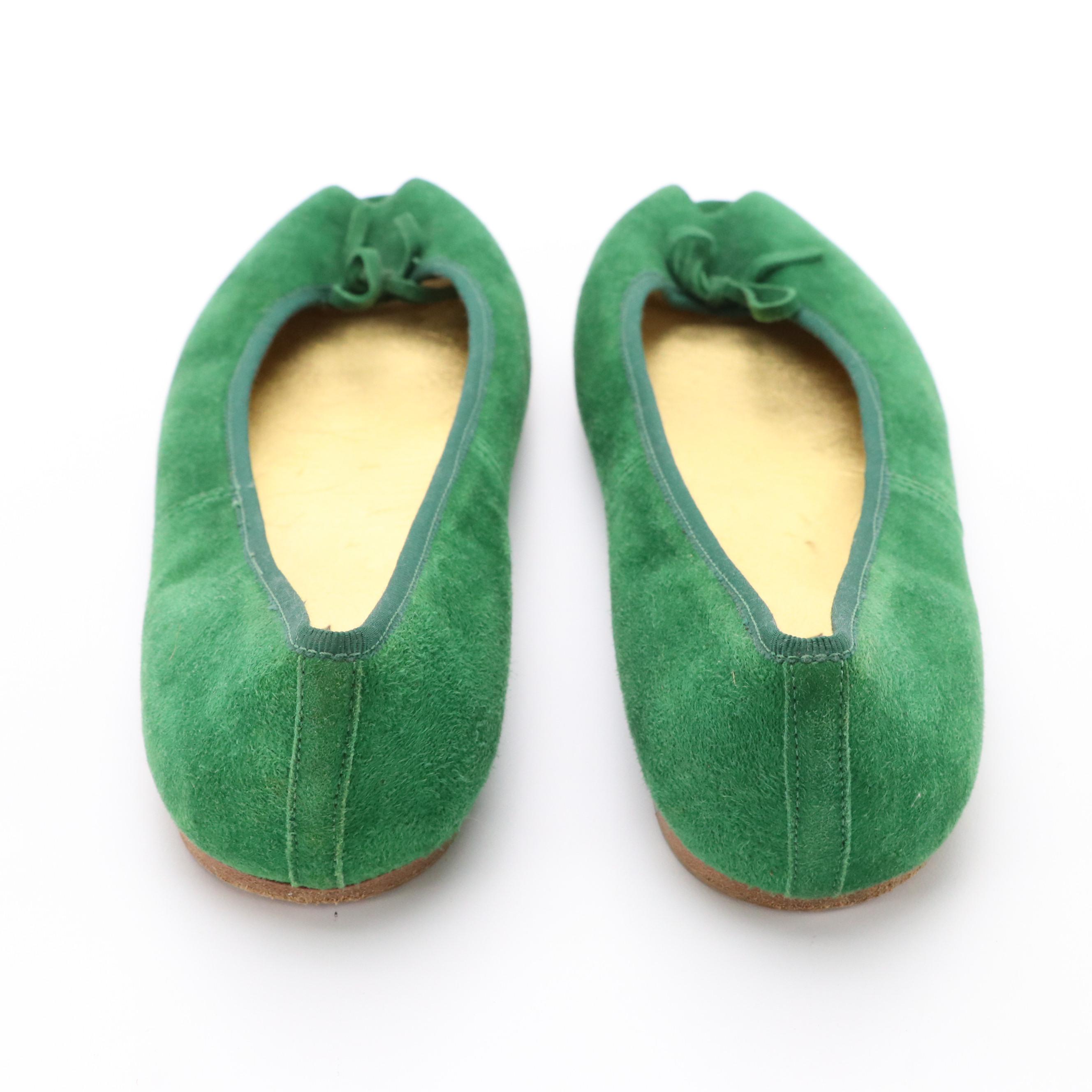 Prada Hunter Green Suede Peep-Toe Ballet Flats with Box