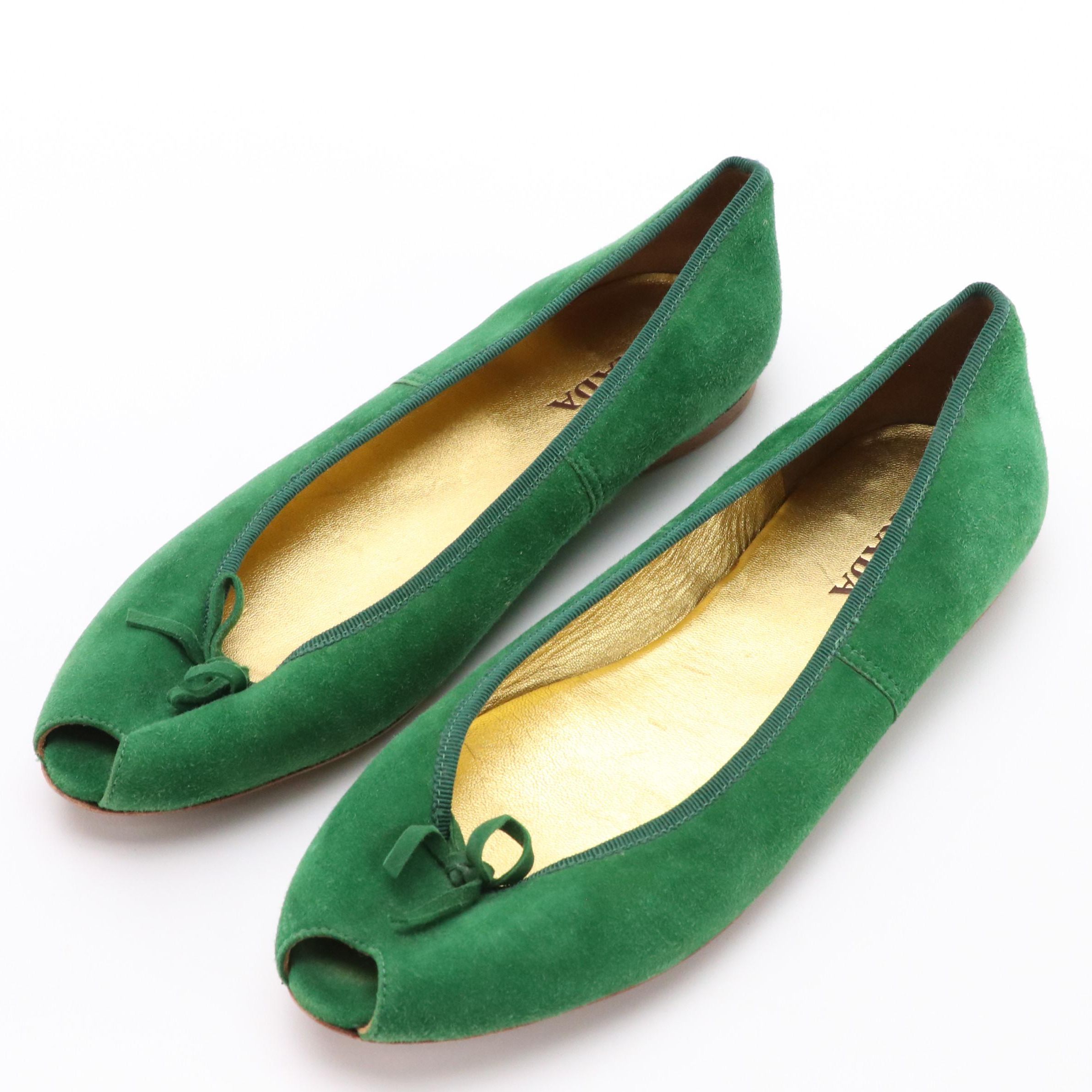 Prada Hunter Green Suede Peep-Toe Ballet Flats with Box