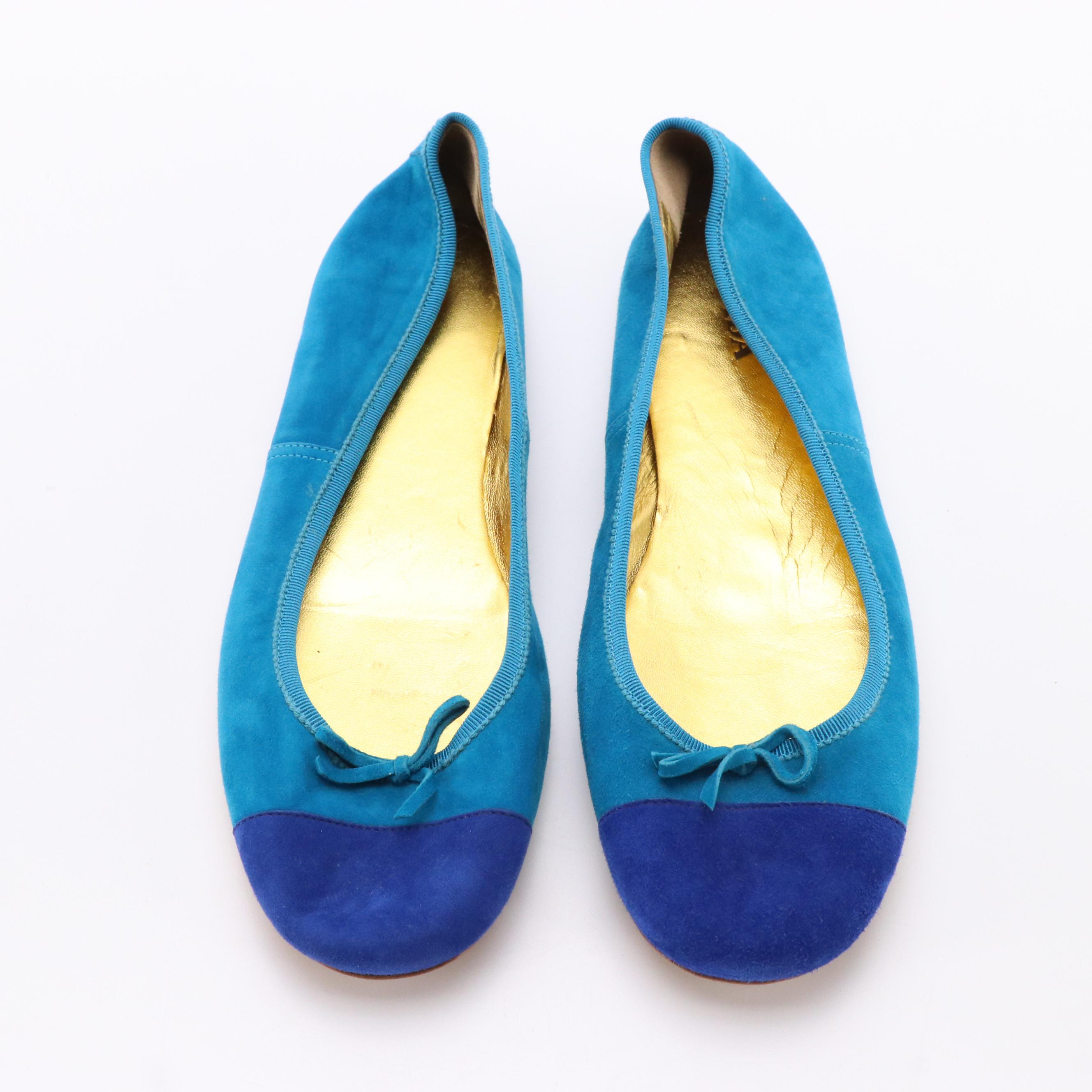Prada Two-Tone Blue Suede Cap Toe Ballet Flats in Box