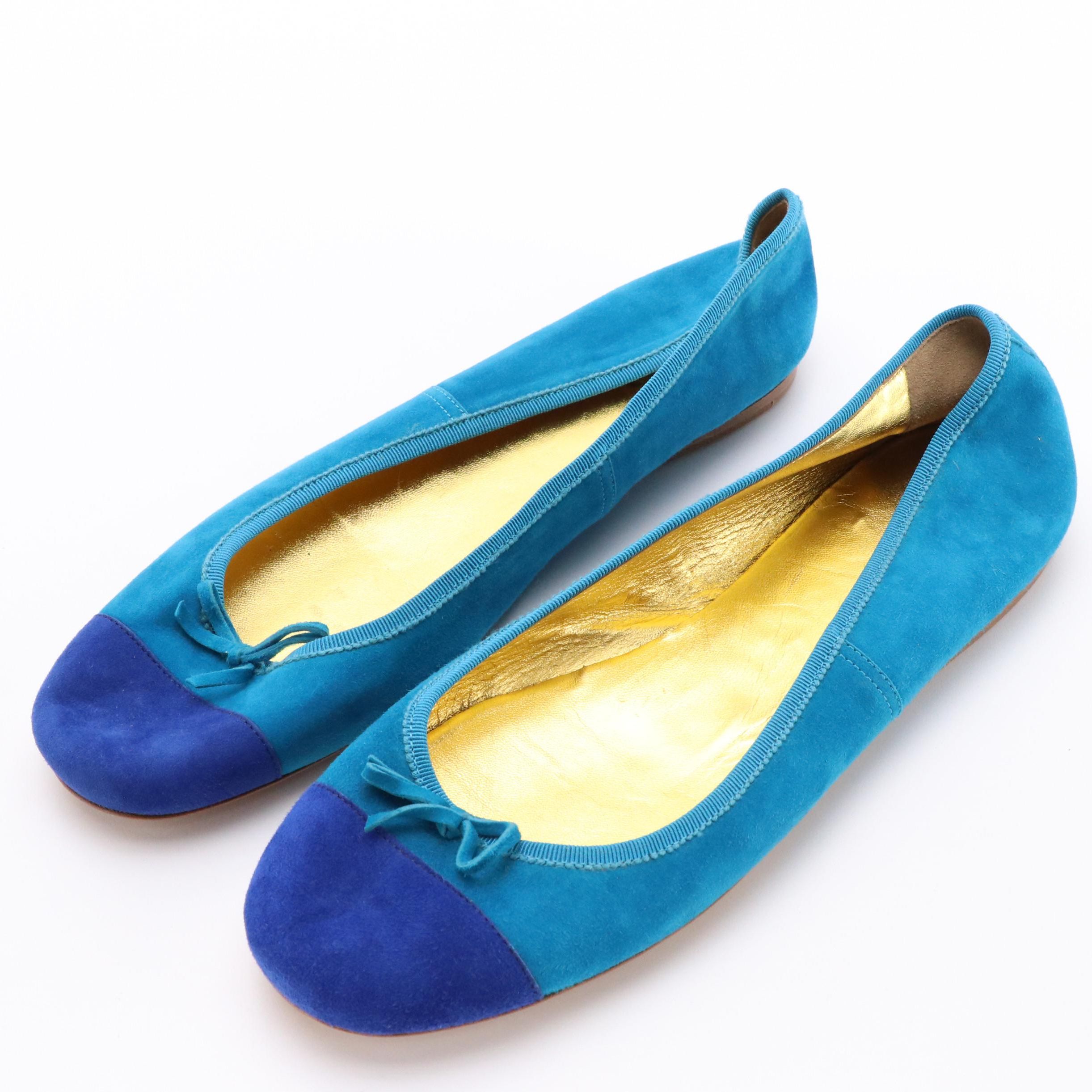 Prada Two-Tone Blue Suede Cap Toe Ballet Flats in Box