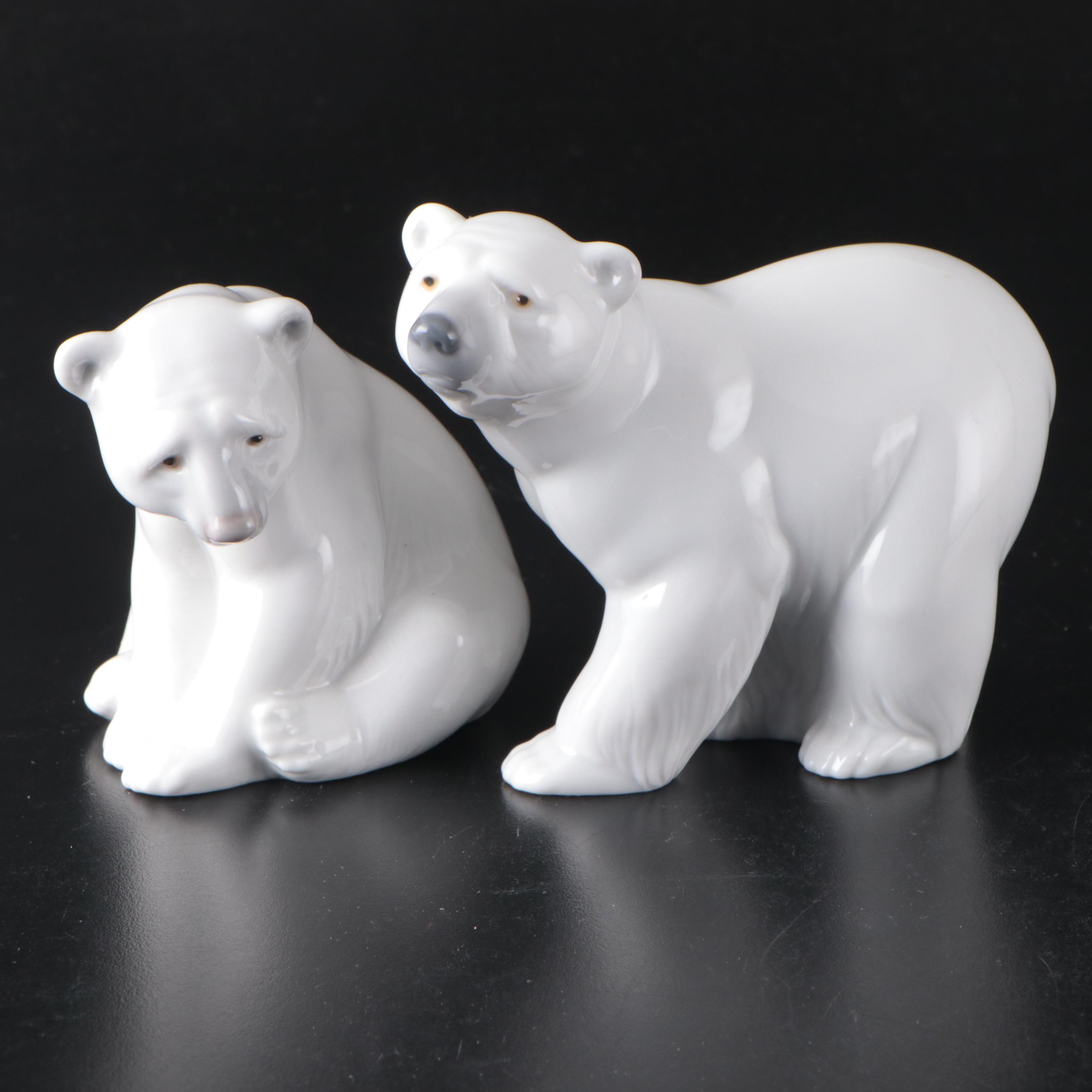 Lladró "Attentive Polar Bear" and "Seated Polar Bear" Porcelain Figurines
