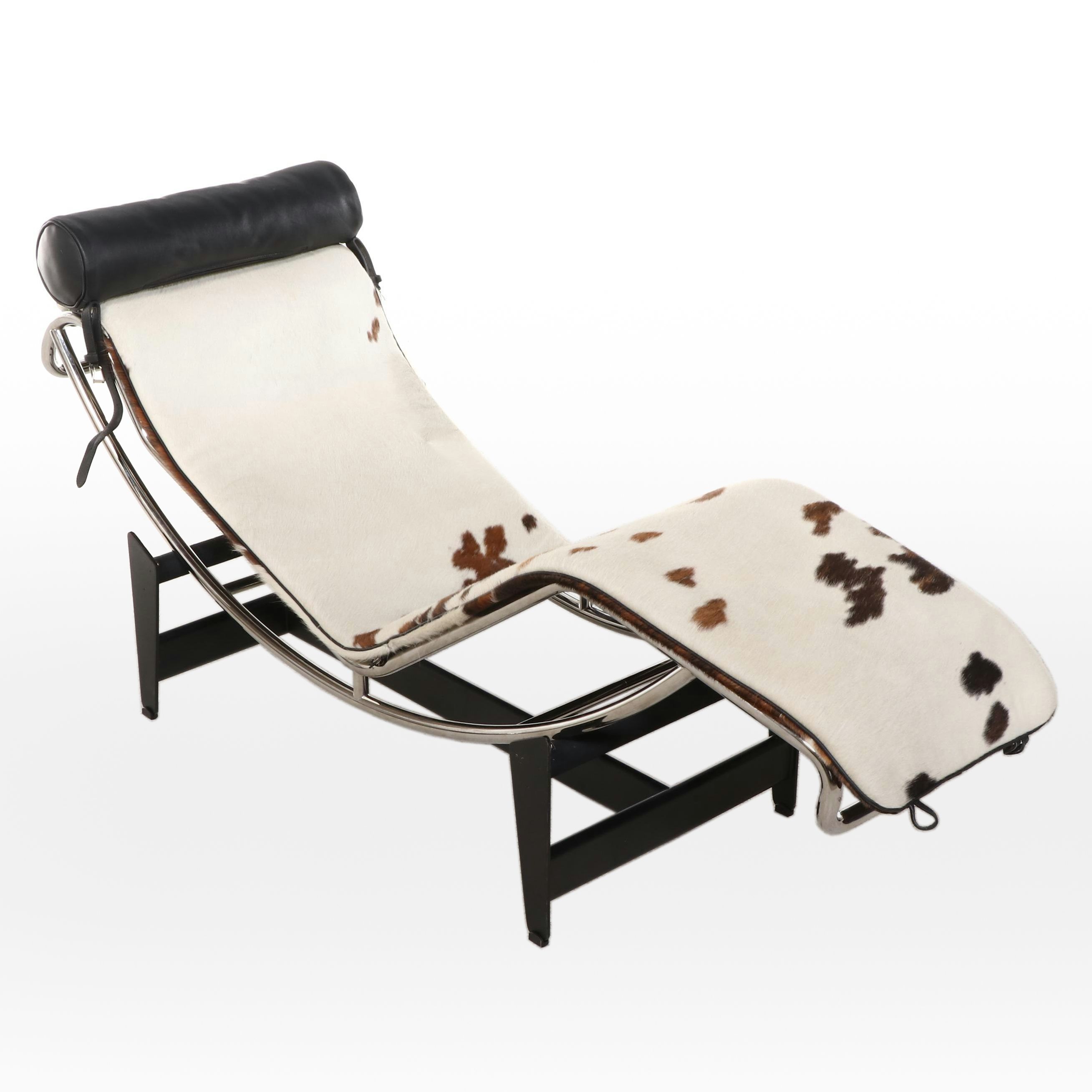 Le Corbusier for Cassina "LC4" Steel, Black Leather, and Cowhide Chaise Lounge
