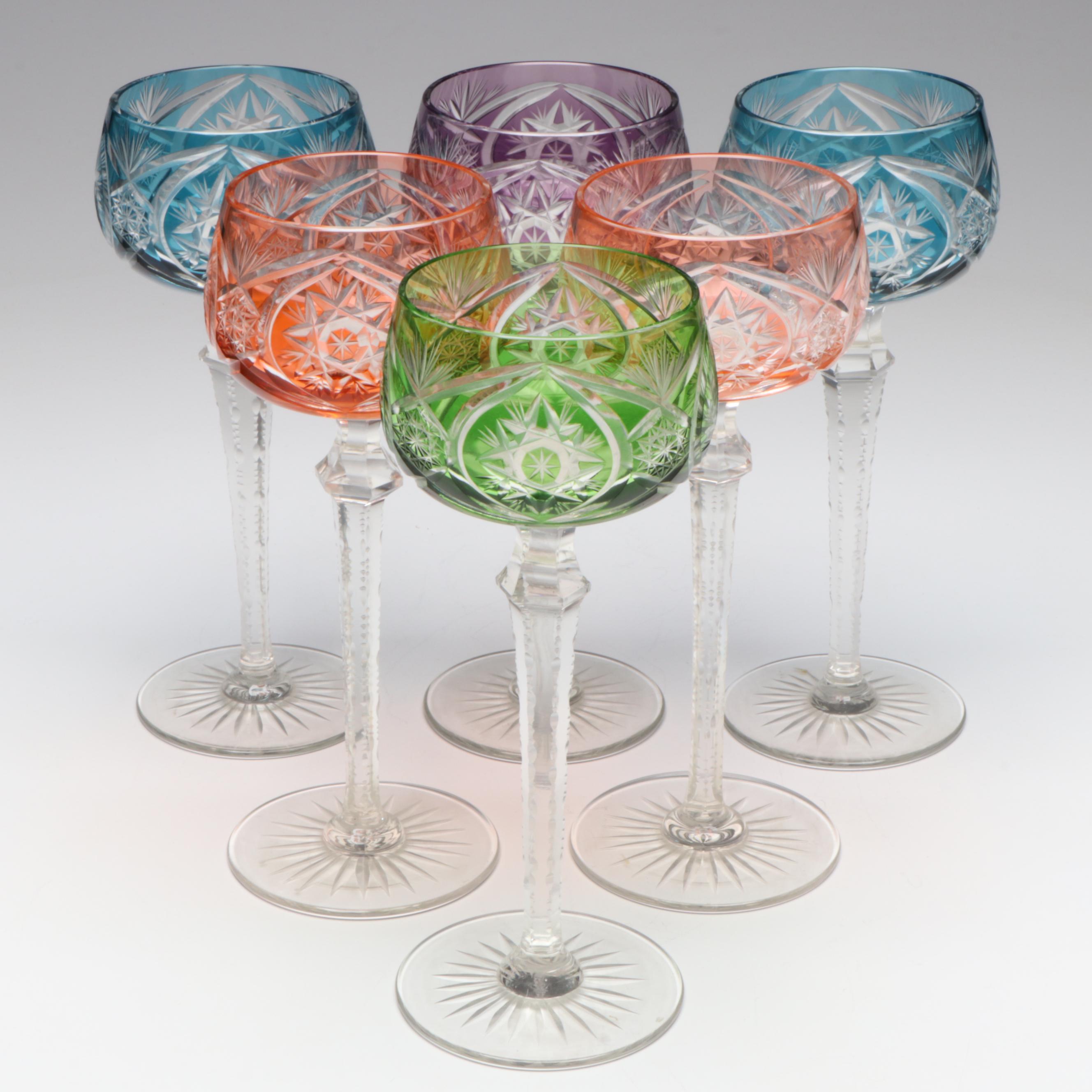 Nachtmann Style Cut to Clear Colored Wine Hock Glasses