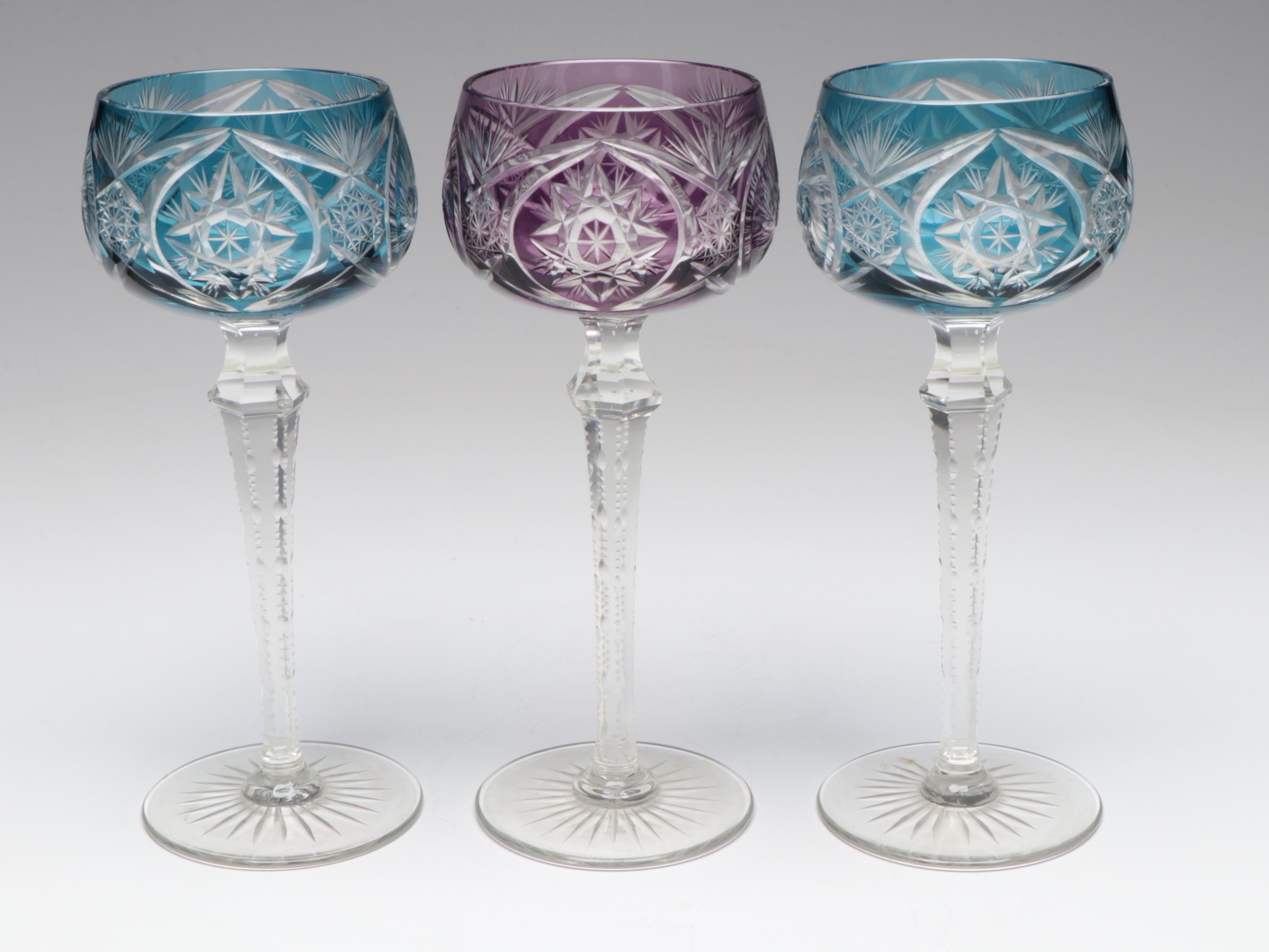 Nachtmann Style Cut to Clear Colored Wine Hock Glasses