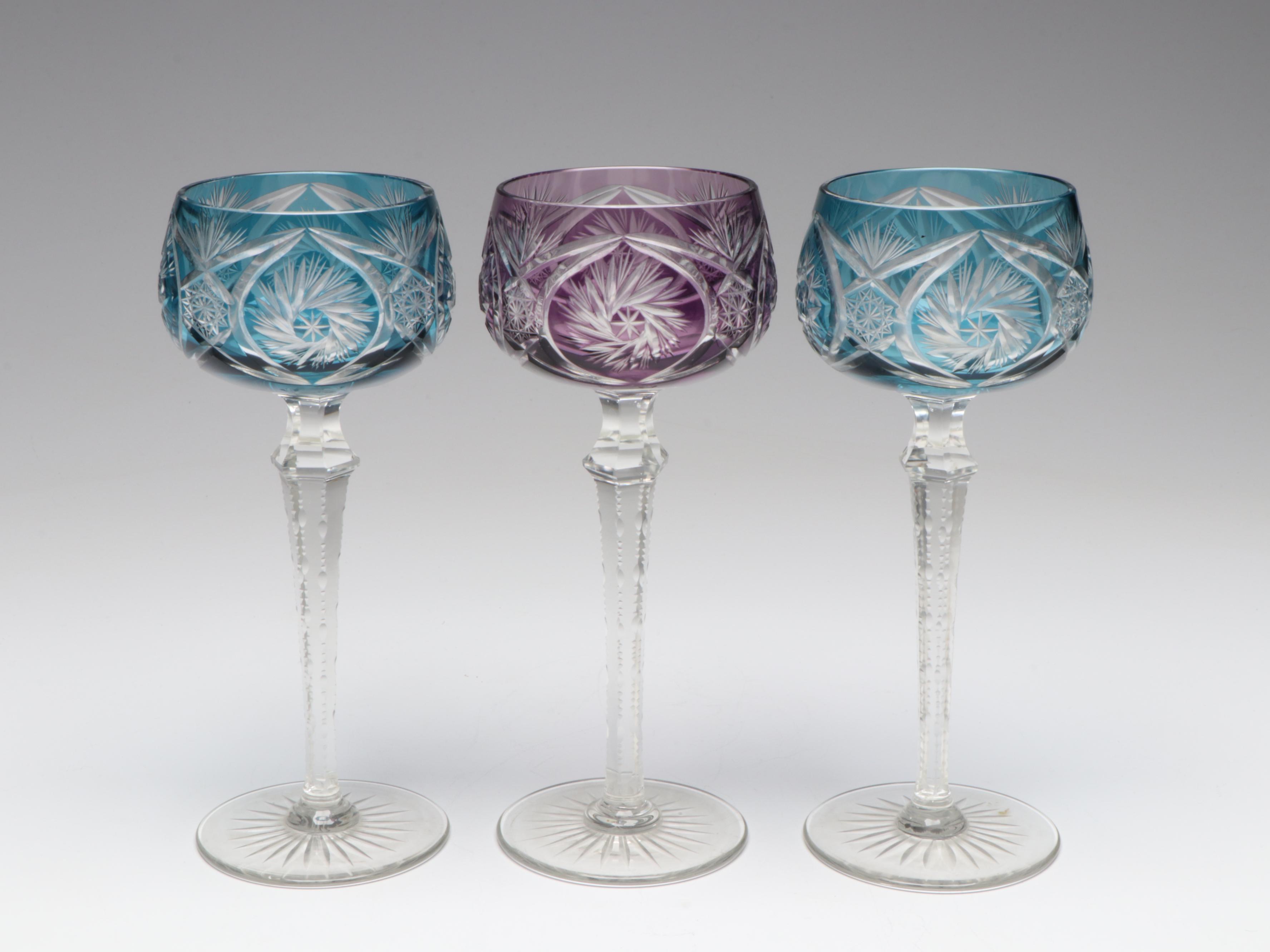 Nachtmann Style Cut to Clear Colored Wine Hock Glasses