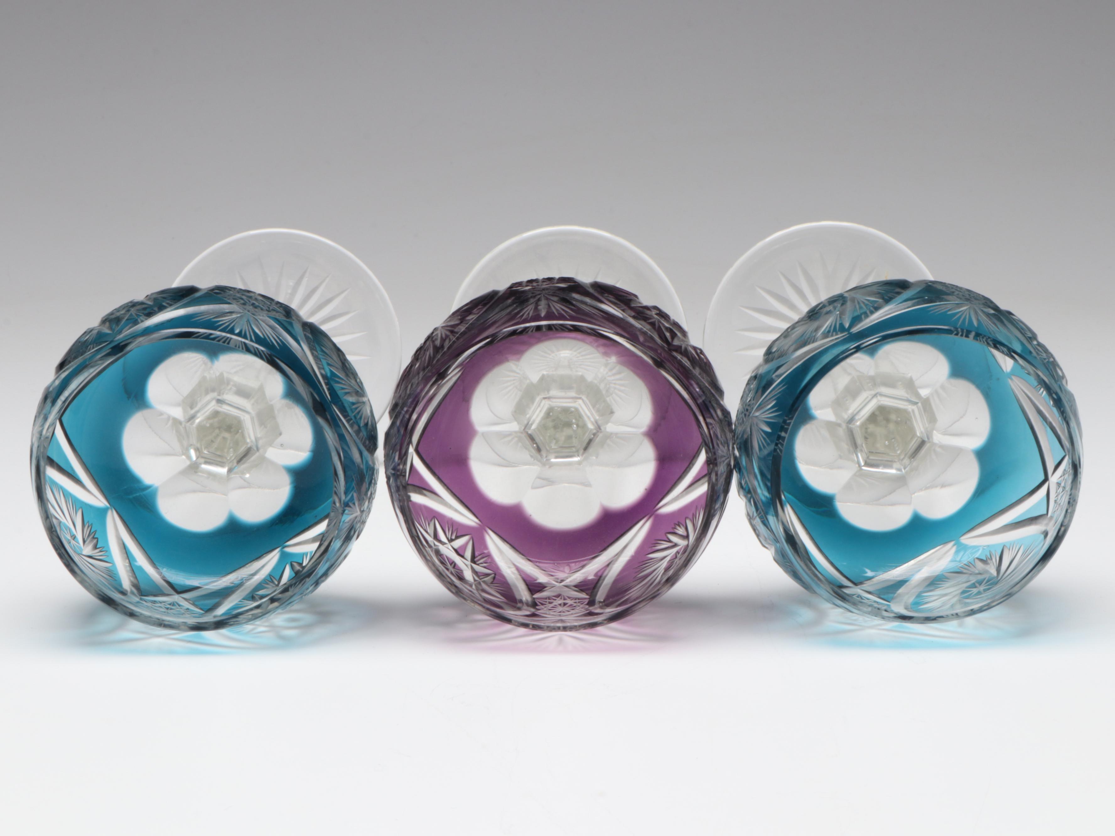 Nachtmann Style Cut to Clear Colored Wine Hock Glasses