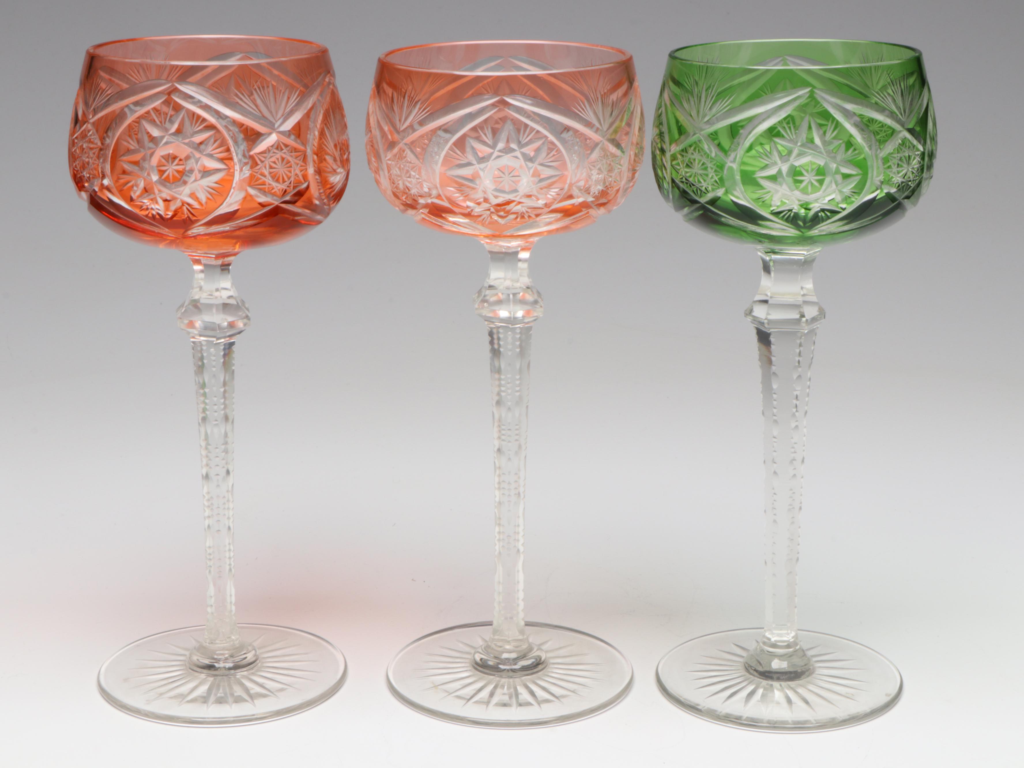 Nachtmann Style Cut to Clear Colored Wine Hock Glasses