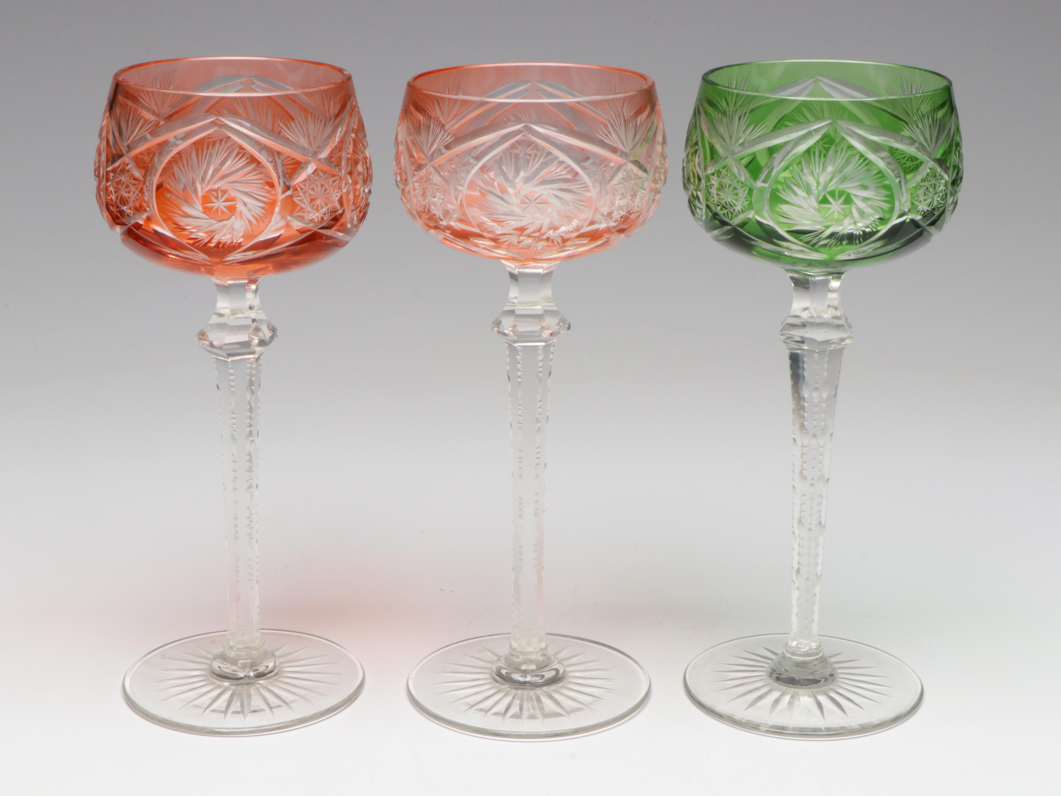Nachtmann Style Cut to Clear Colored Wine Hock Glasses